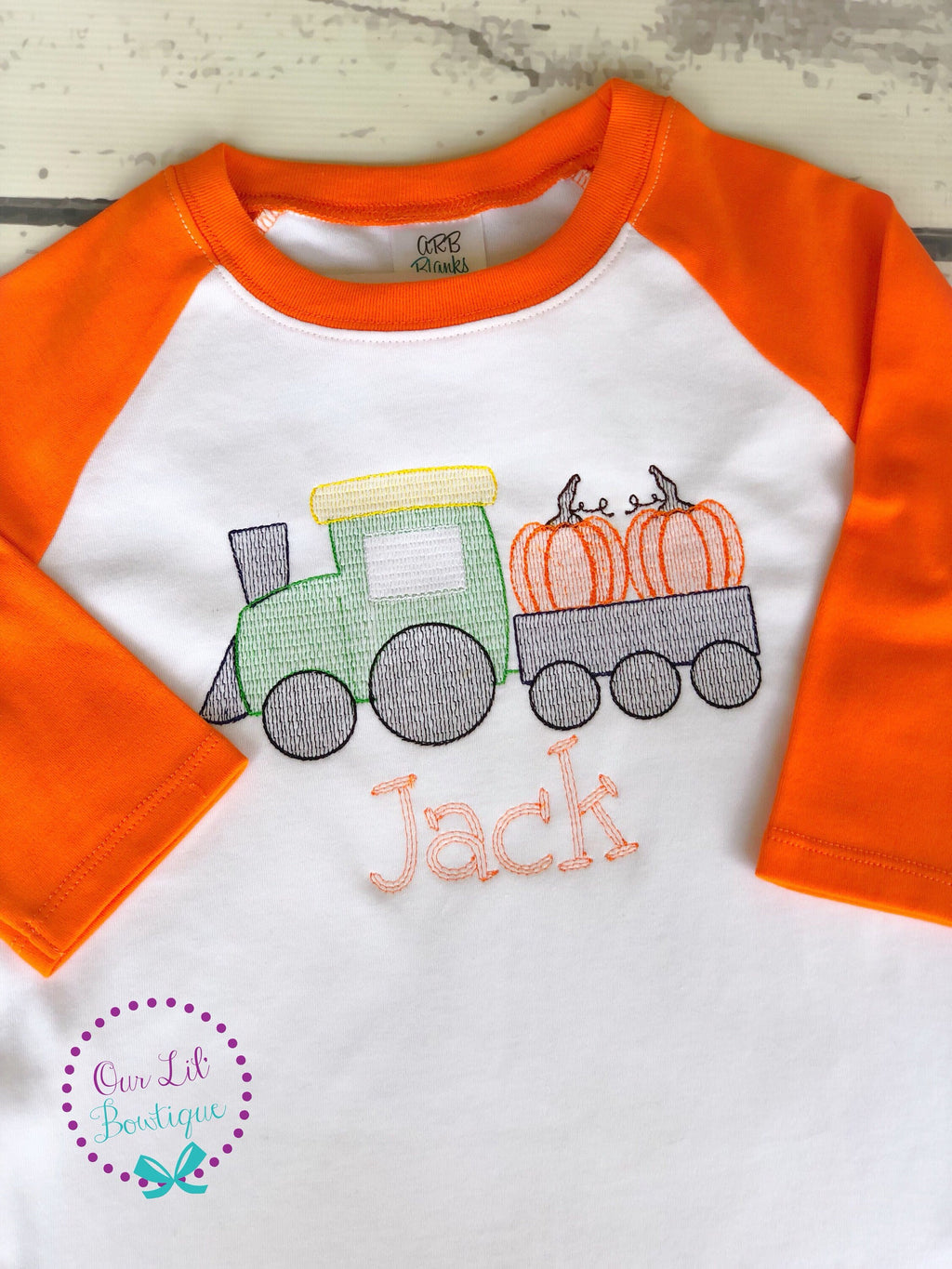Embroidered Pumpkin Train Thanksgiving Shirt - Personalized Raglan
