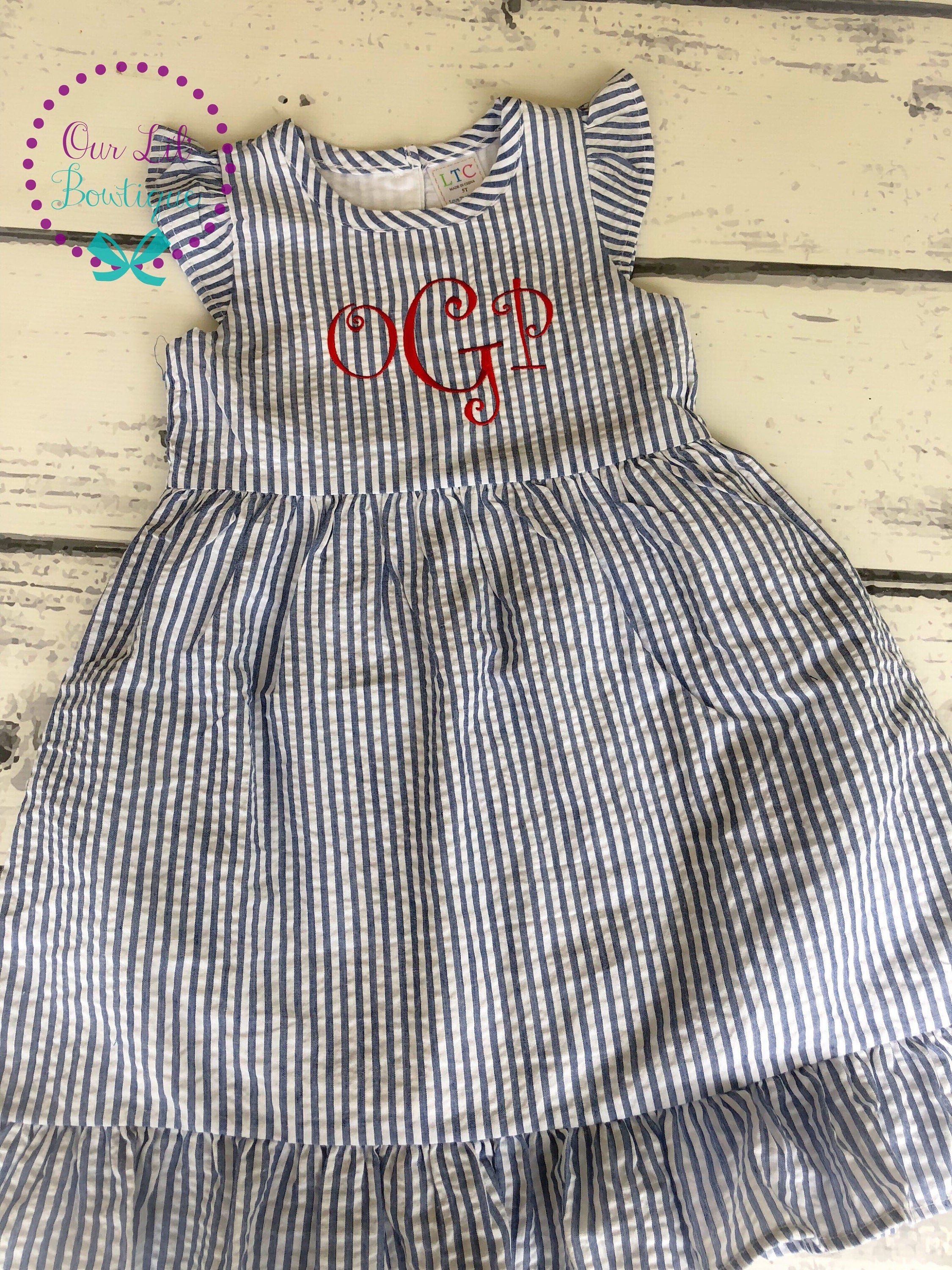 Seersucker Monogrammed Dress - Girls Monogrammed Dress - Seersucker Dress - Personalized Toddler Dress - Back To School Dress - Seersucker