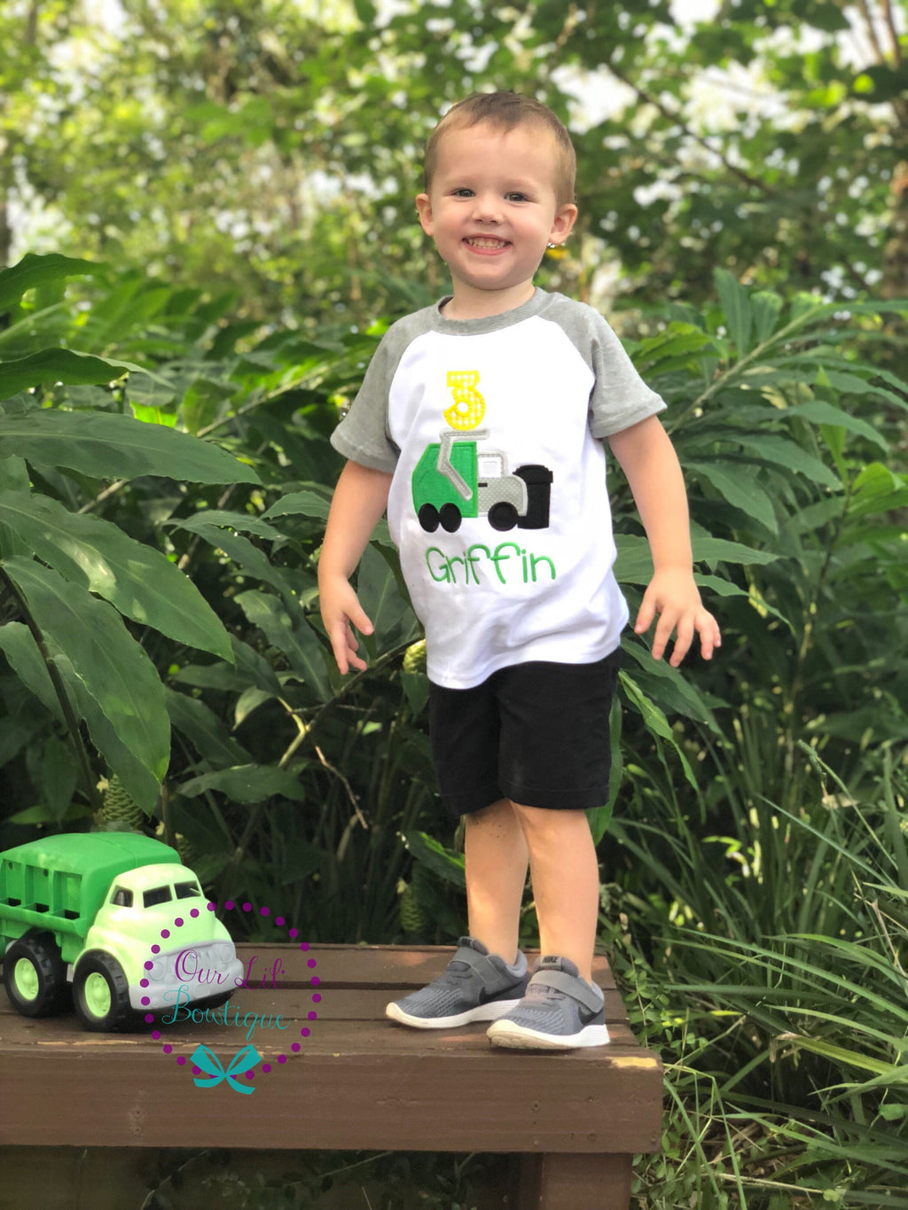 Personalized Garbage Truck Birthday Shirt - Raglan Truck Tee