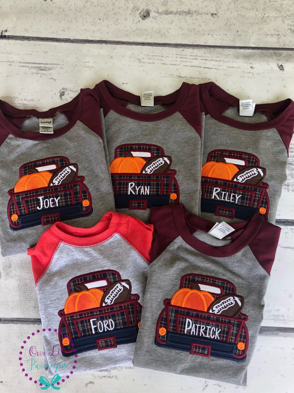 Personalized Fall Truck Raglan Shirt: Halloween Football Applique