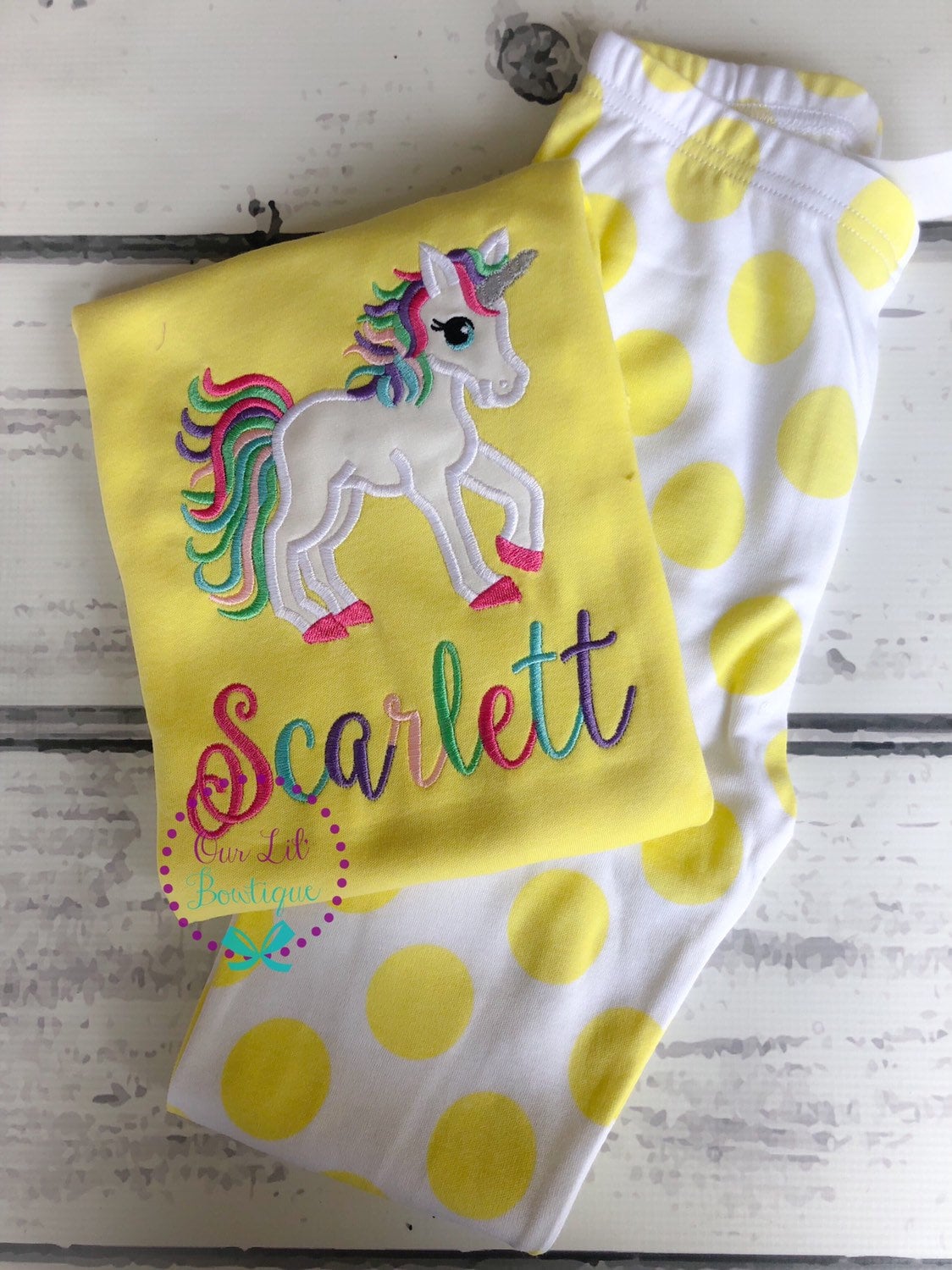 Unicorn Birthday Outfit: Personalized Applique Shirt & Striped Bottoms
