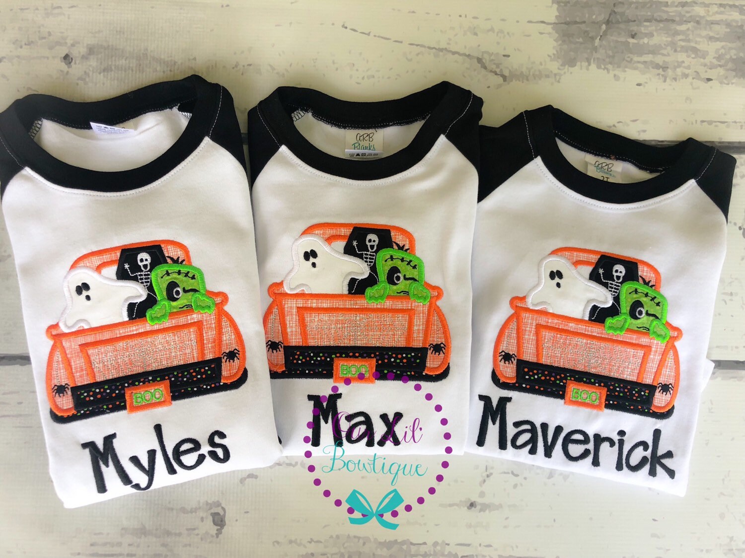 Personalized Halloween Raglan Shirt: Embroidered Ghost Truck Applique