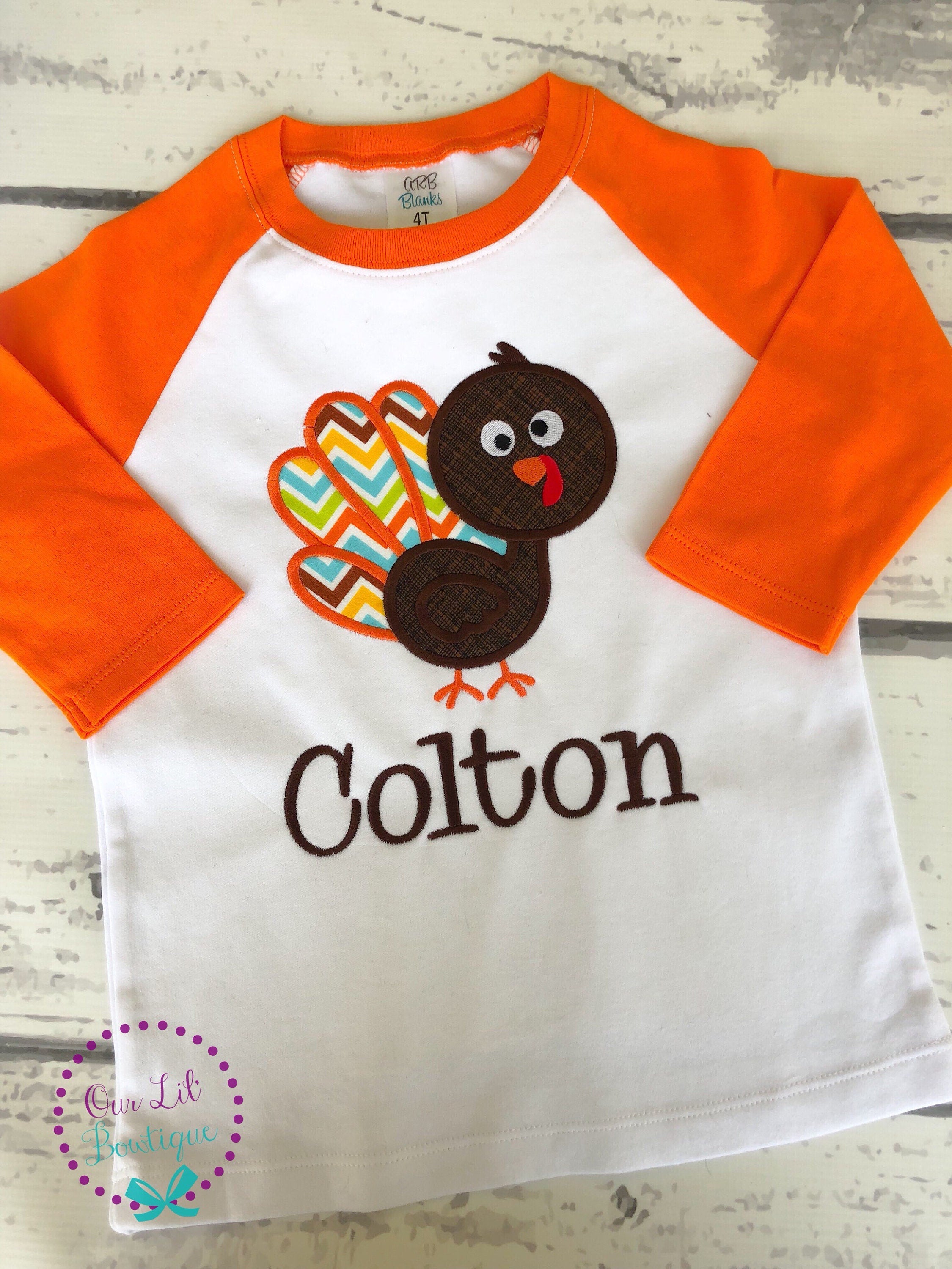 Boys Thanksgiving Shirt: Turkey Applique, Personalized Raglan Tee