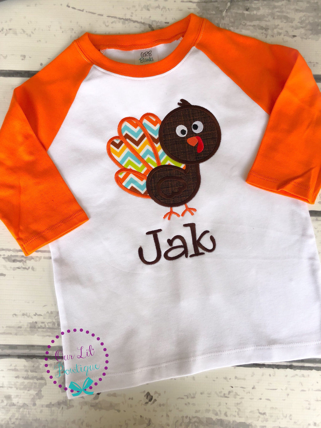 Boys Thanksgiving Shirt: Turkey Applique, Personalized Raglan Tee