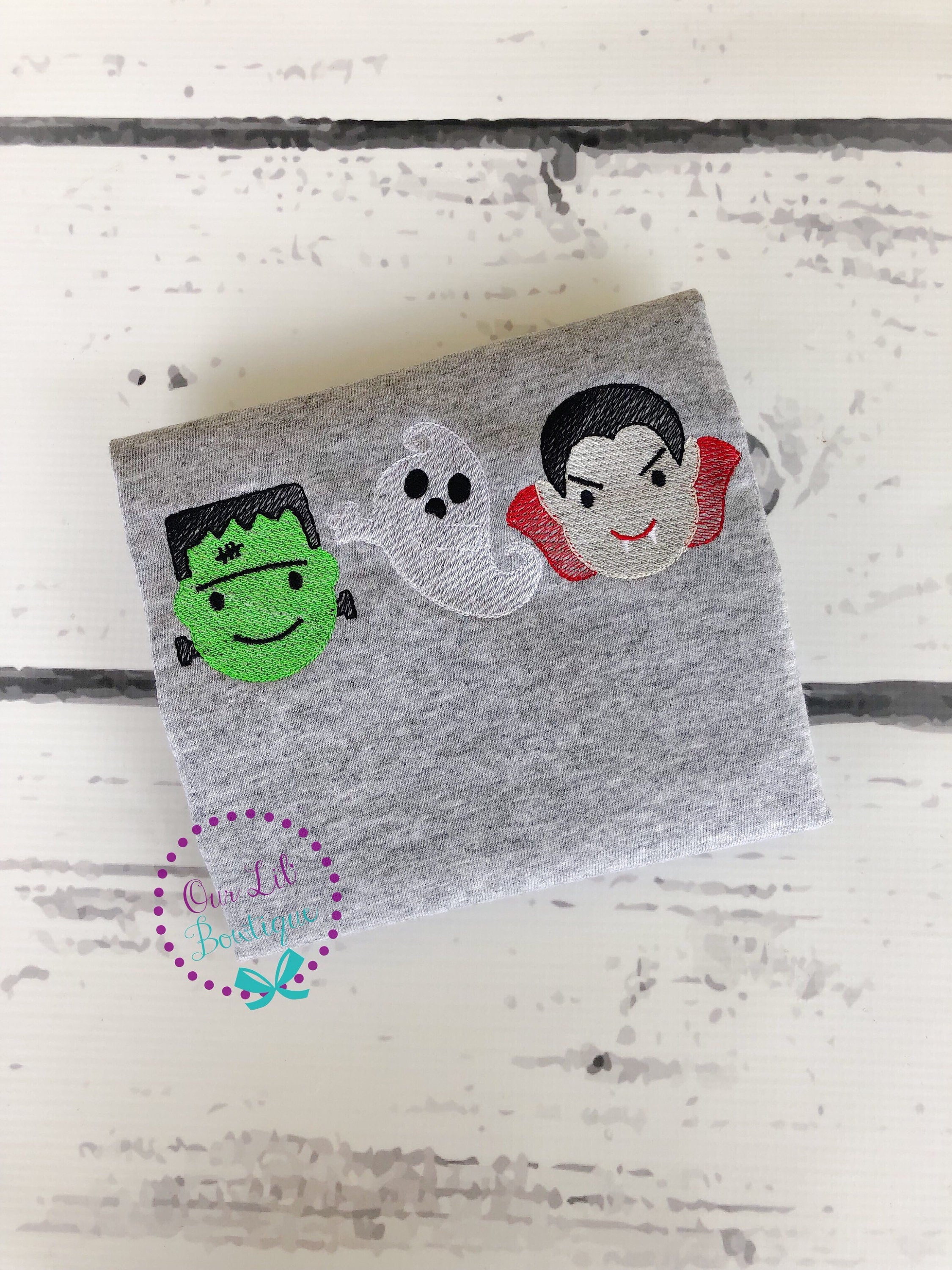 Halloween Trio Shirt: Embroidered Frankenstein, Ghost, Vampire