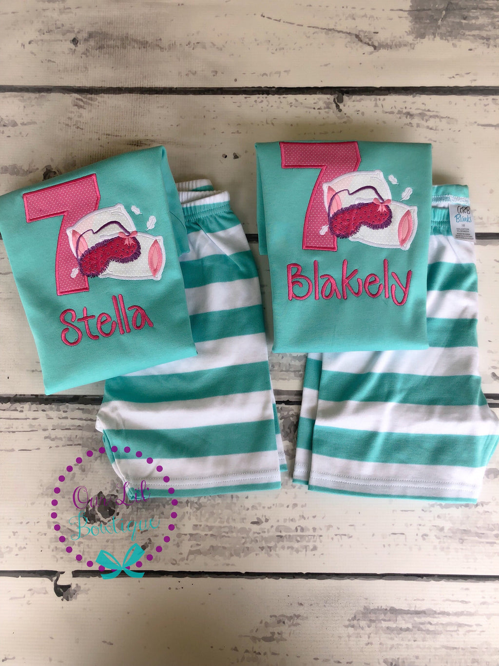 Personalized Sleepover Birthday Outfit: Appliqued Shirt & Striped Pants