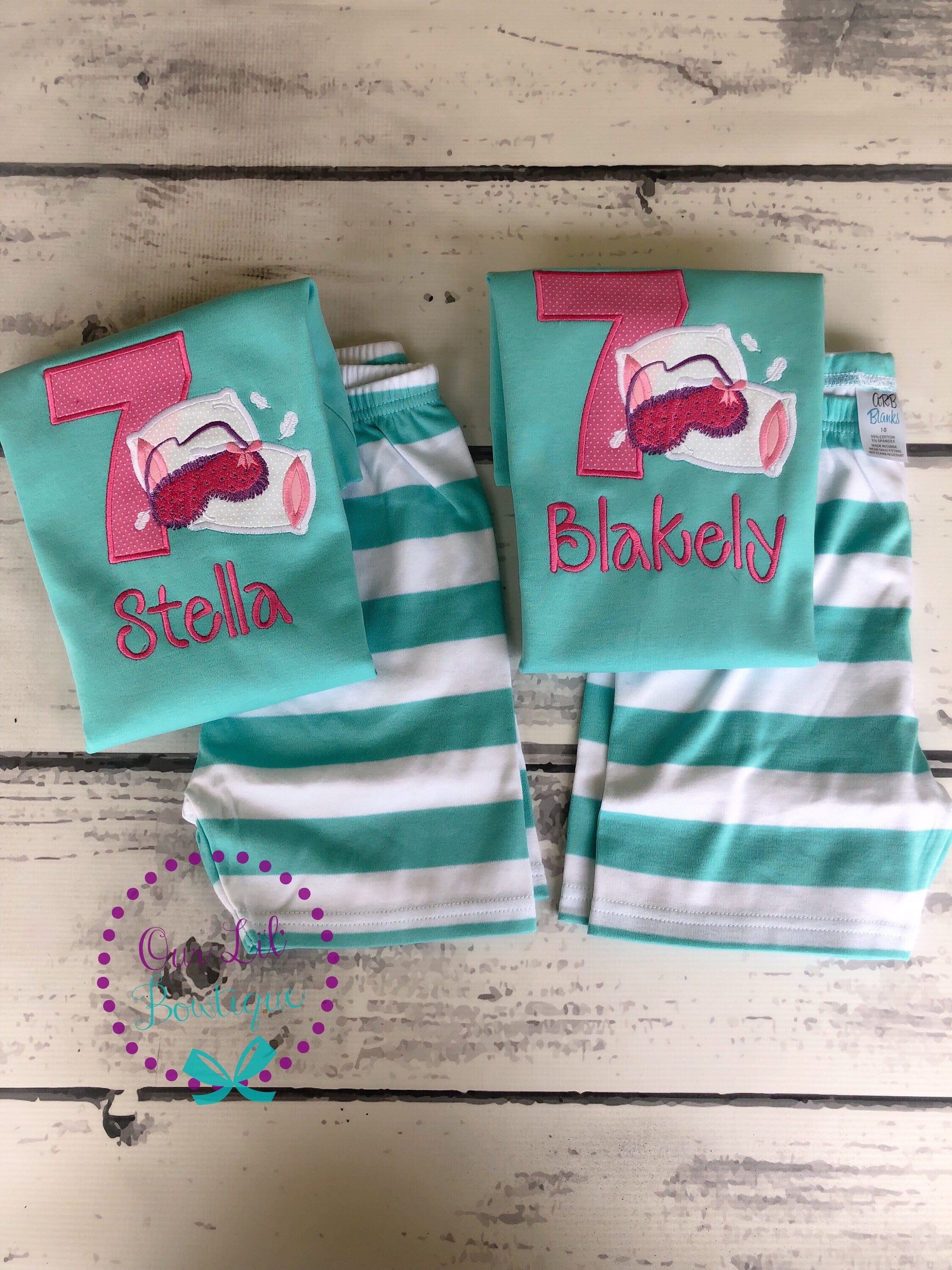 Personalized Sleepover Birthday Outfit: Appliqued Shirt & Striped Pants
