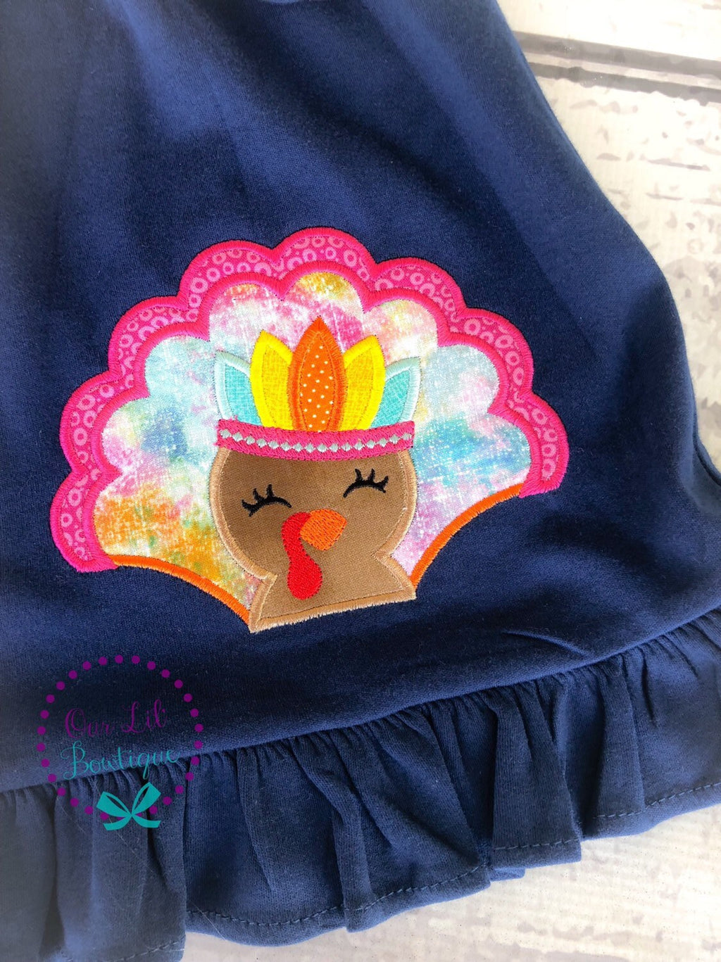 Girls Thanksgiving Turkey Applique Dress: Navy Shirt