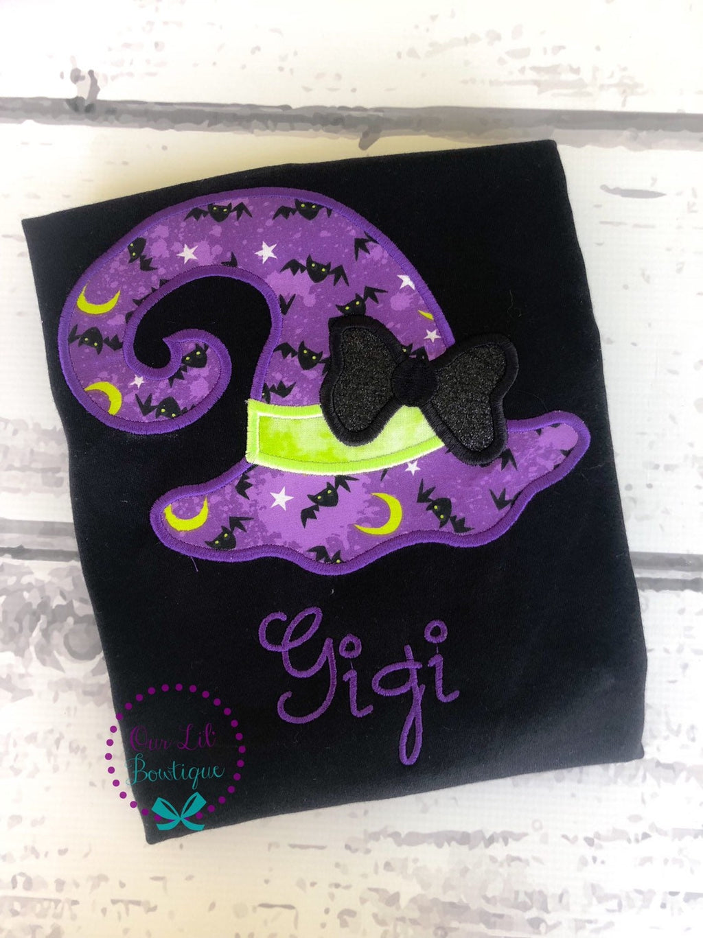 Girls Halloween Shirt: Witch Hat Applique, Ruffle Sleeve