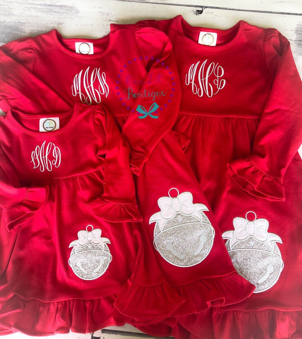 Personalized Christmas Dress: Bell Applique, Monogrammed Holiday Outfit
