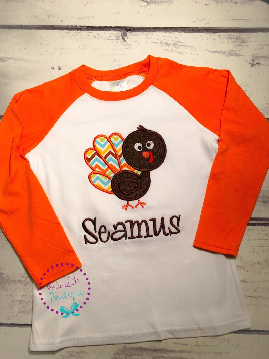 Boys Thanksgiving Shirt: Turkey Applique, Personalized Raglan Tee