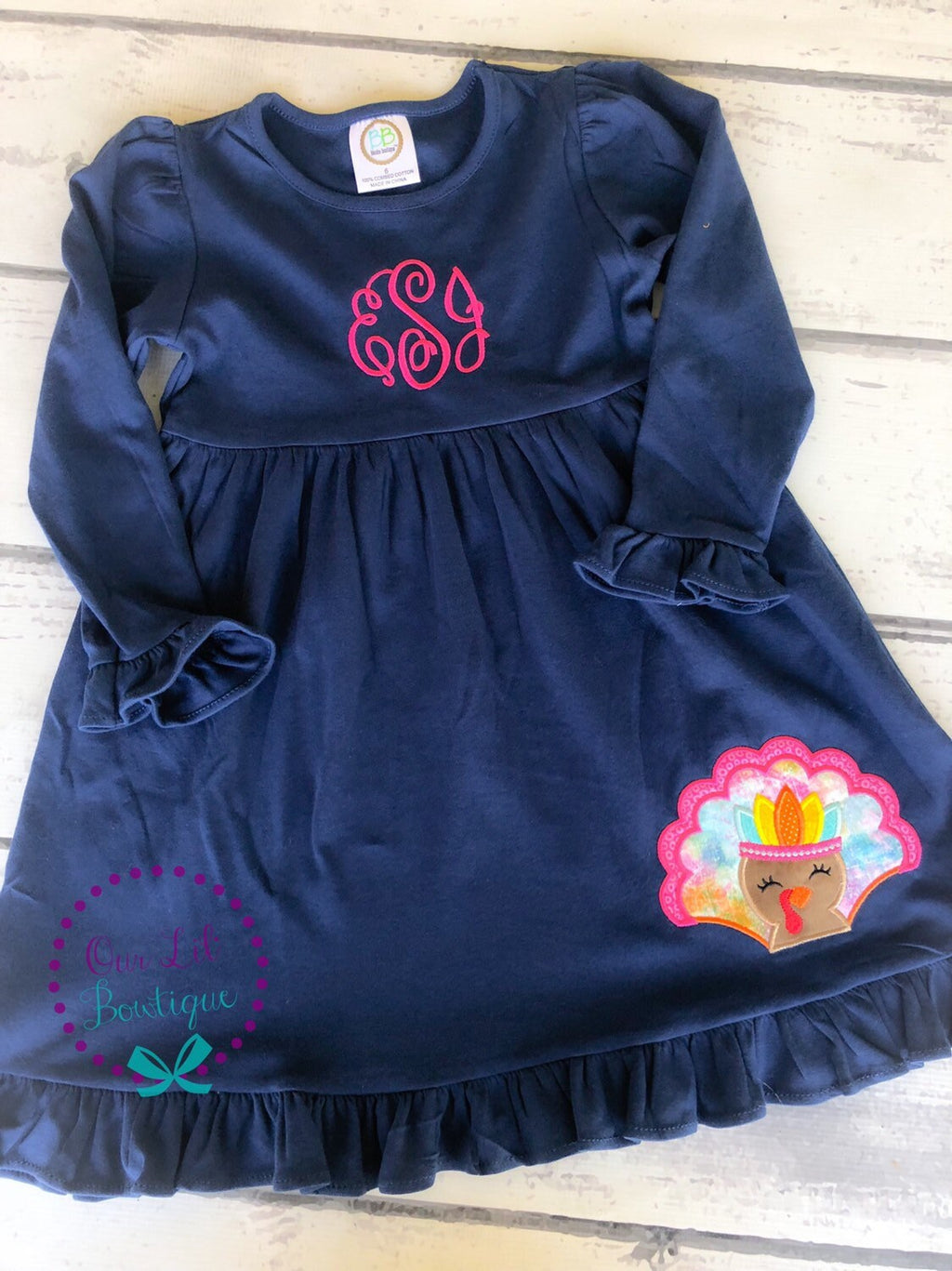Girls Thanksgiving Turkey Applique Dress: Navy Shirt