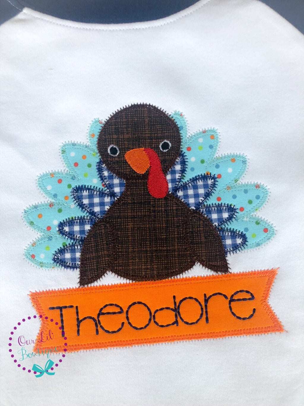 Boys Thanksgiving Shirt: Vintage Turkey Applique, Raggy Stitch