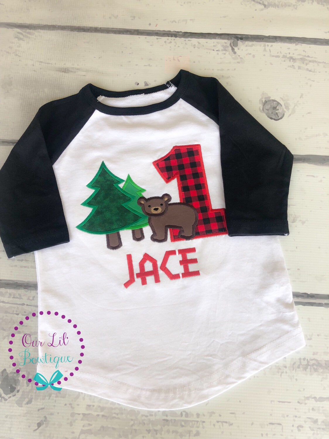 Woodland First Birthday Shirt: Lumberjack Bear, Red Plaid Number