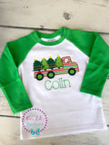 Christmas Truck Shirt - Boy's Christmas Truck- Christmas Tree - Boy Christmas Shirt - Personalized Shirt - Raglan - Flatbed Truck Shirt