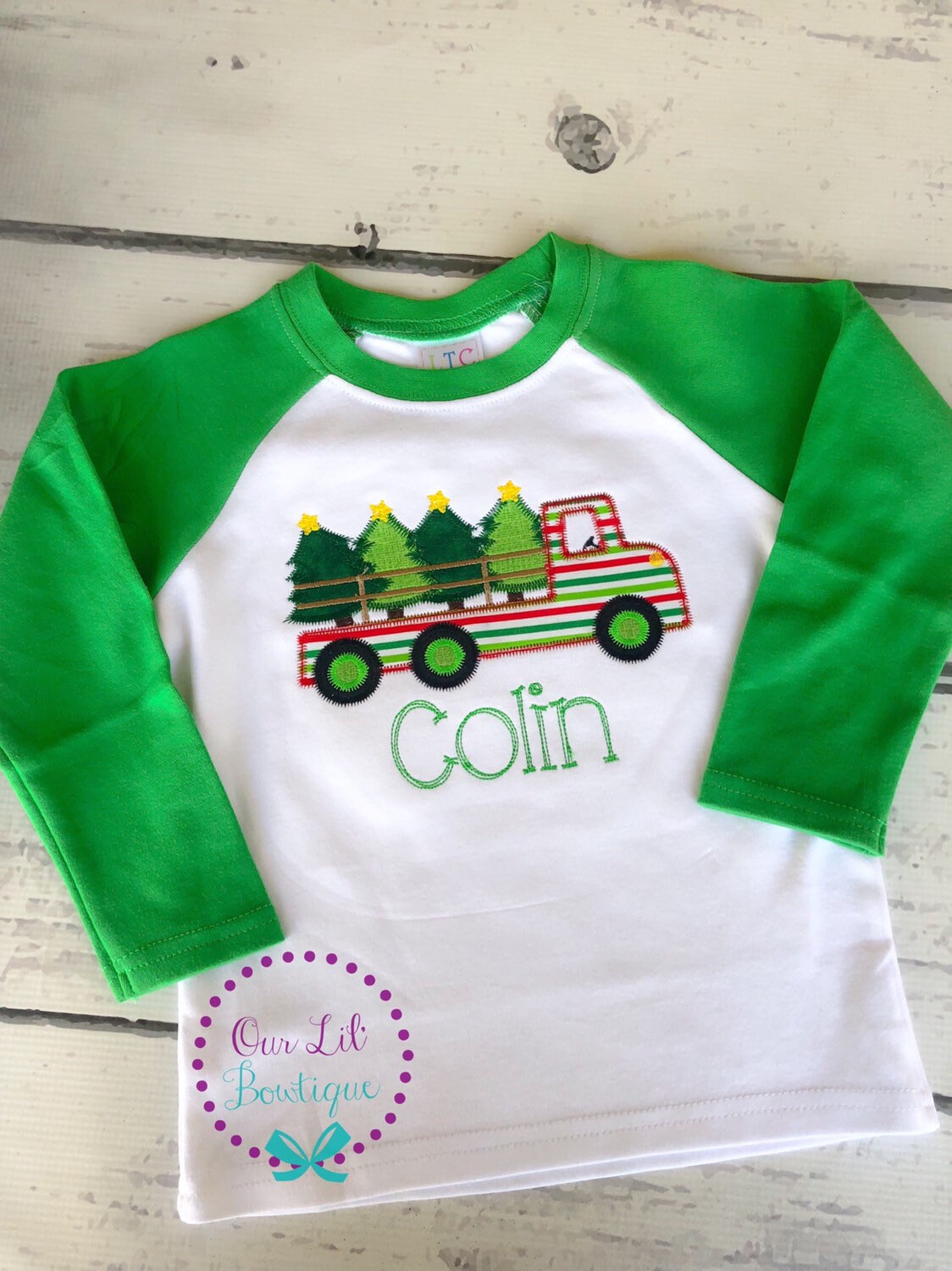 Christmas Truck Shirt - Boy's Christmas Truck- Christmas Tree - Boy Christmas Shirt - Personalized Shirt - Raglan - Flatbed Truck Shirt