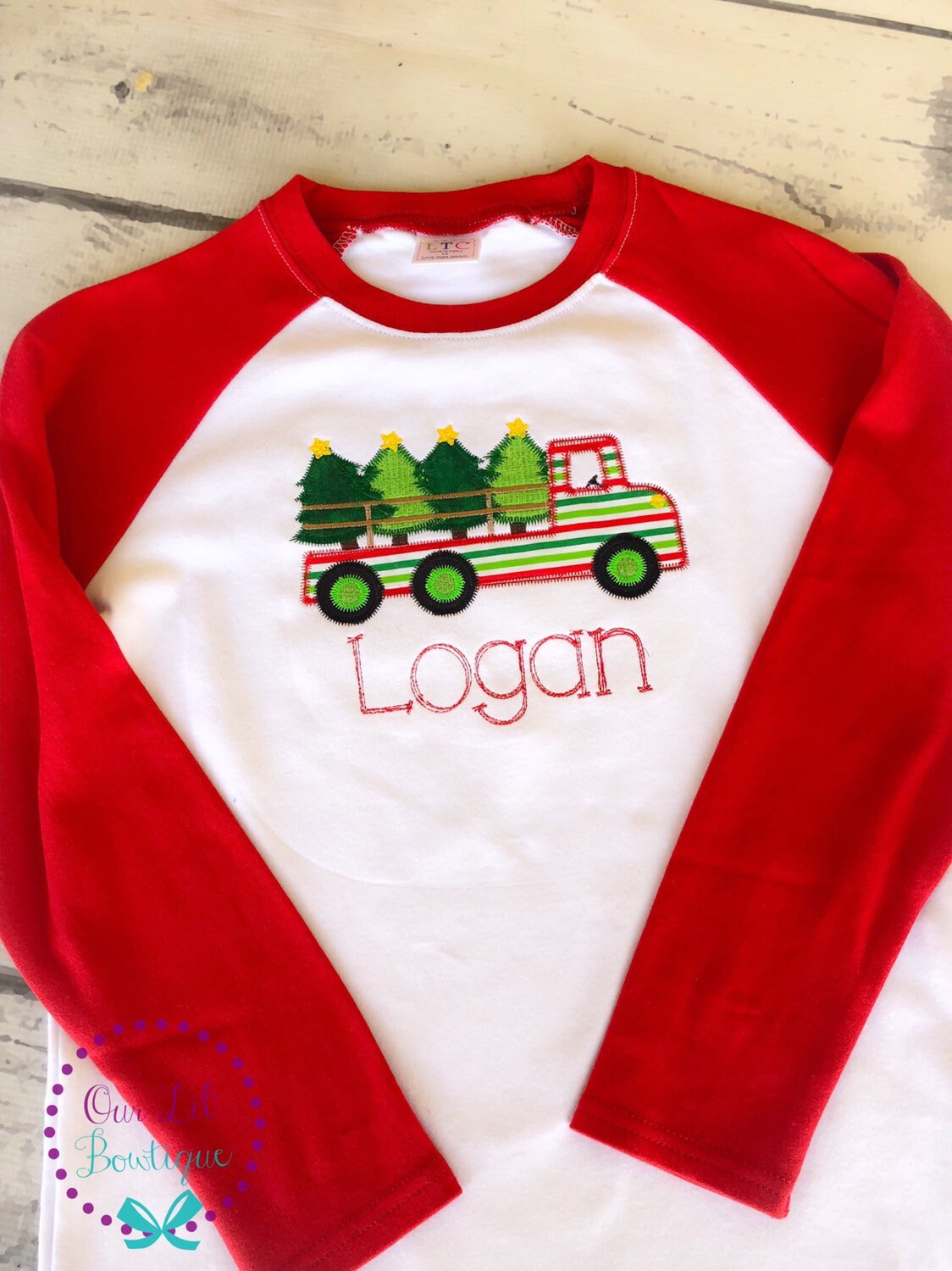 Christmas Truck Shirt - Boy's Christmas Truck- Christmas Tree - Boy Christmas Shirt - Personalized Shirt - Raglan - Flatbed Truck Shirt