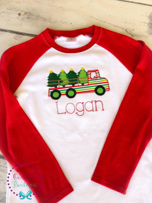 Christmas Truck Shirt - Boy's Christmas Truck- Christmas Tree - Boy Christmas Shirt - Personalized Shirt - Raglan - Flatbed Truck Shirt