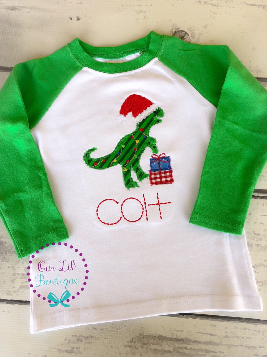 Christmas Dinosaur Appliqué Shirt - Personalized Holiday Tee