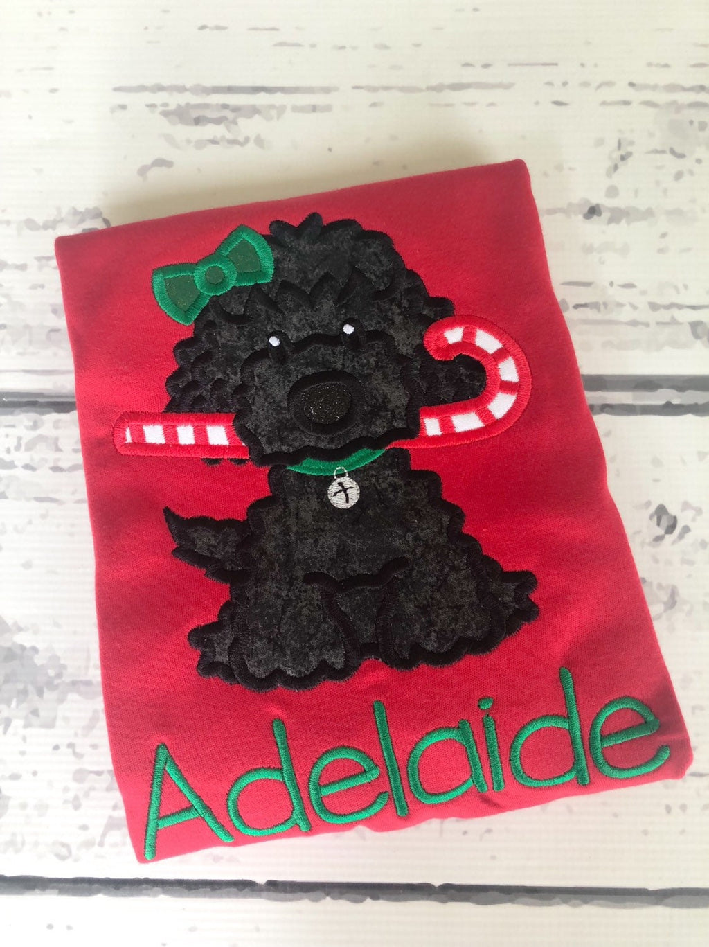 Candy Cane Dog Christmas Shirt: Appliqué Red Cotton Tee