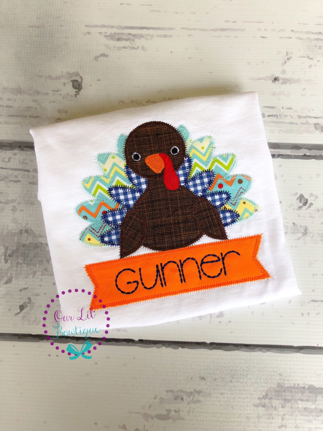 Boys Thanksgiving Shirt: Vintage Turkey Applique, Raggy Stitch