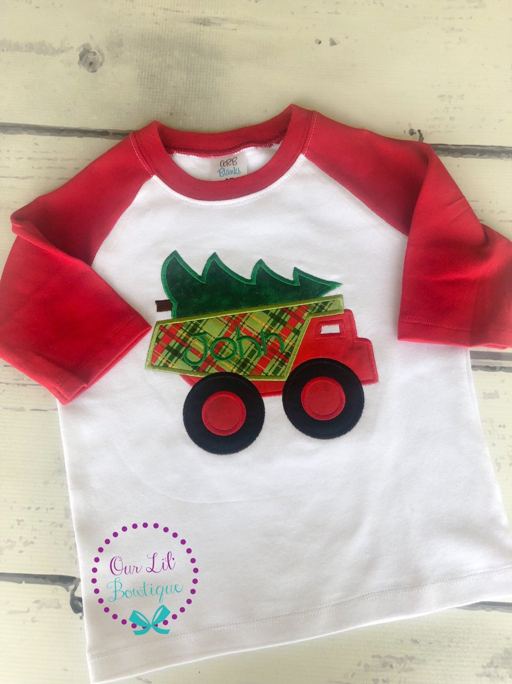Personalized Christmas Tree Dump Truck Raglan Shirt
