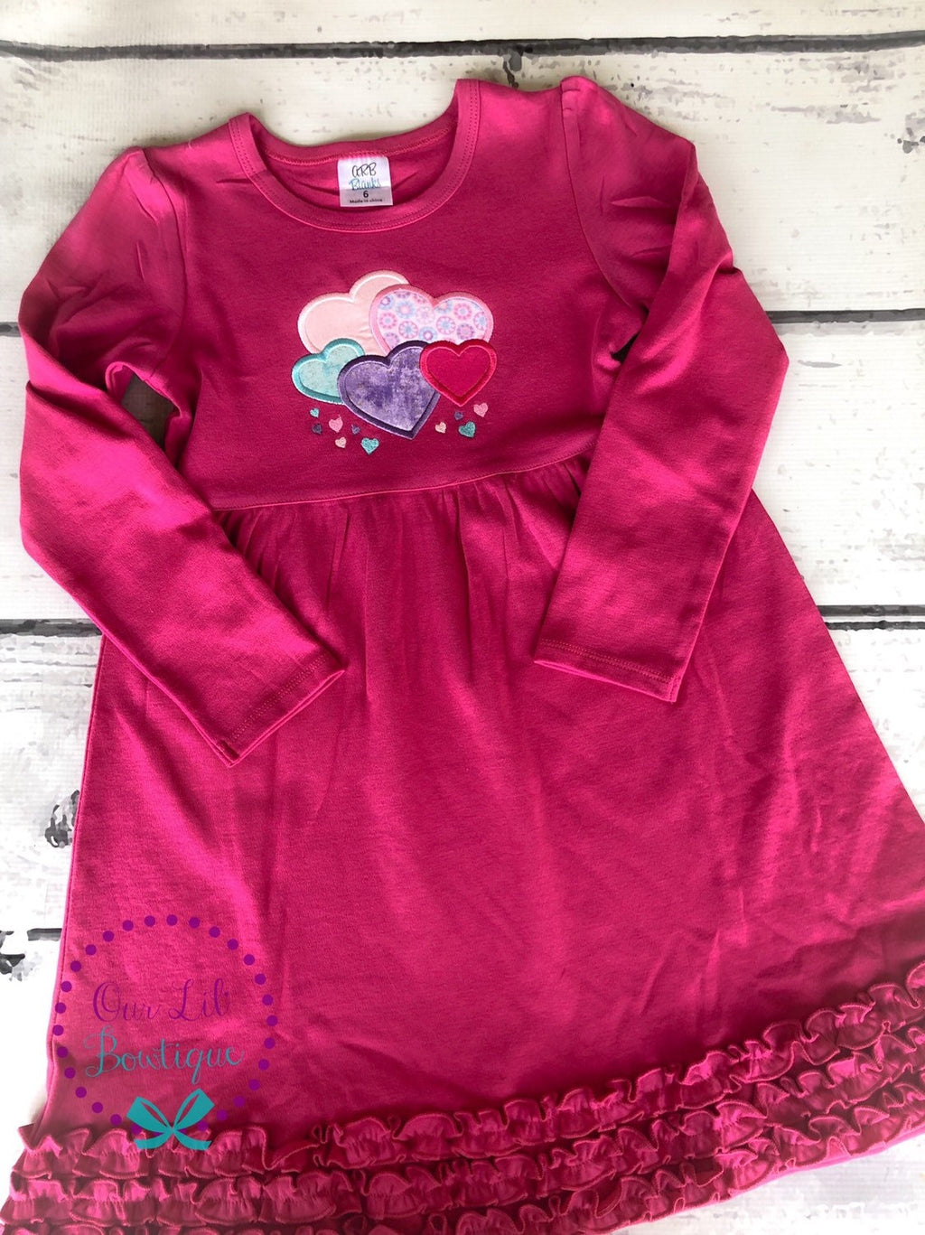 Valentine Heart Applique Dress: Girls Ruffle Sleeve Shirt