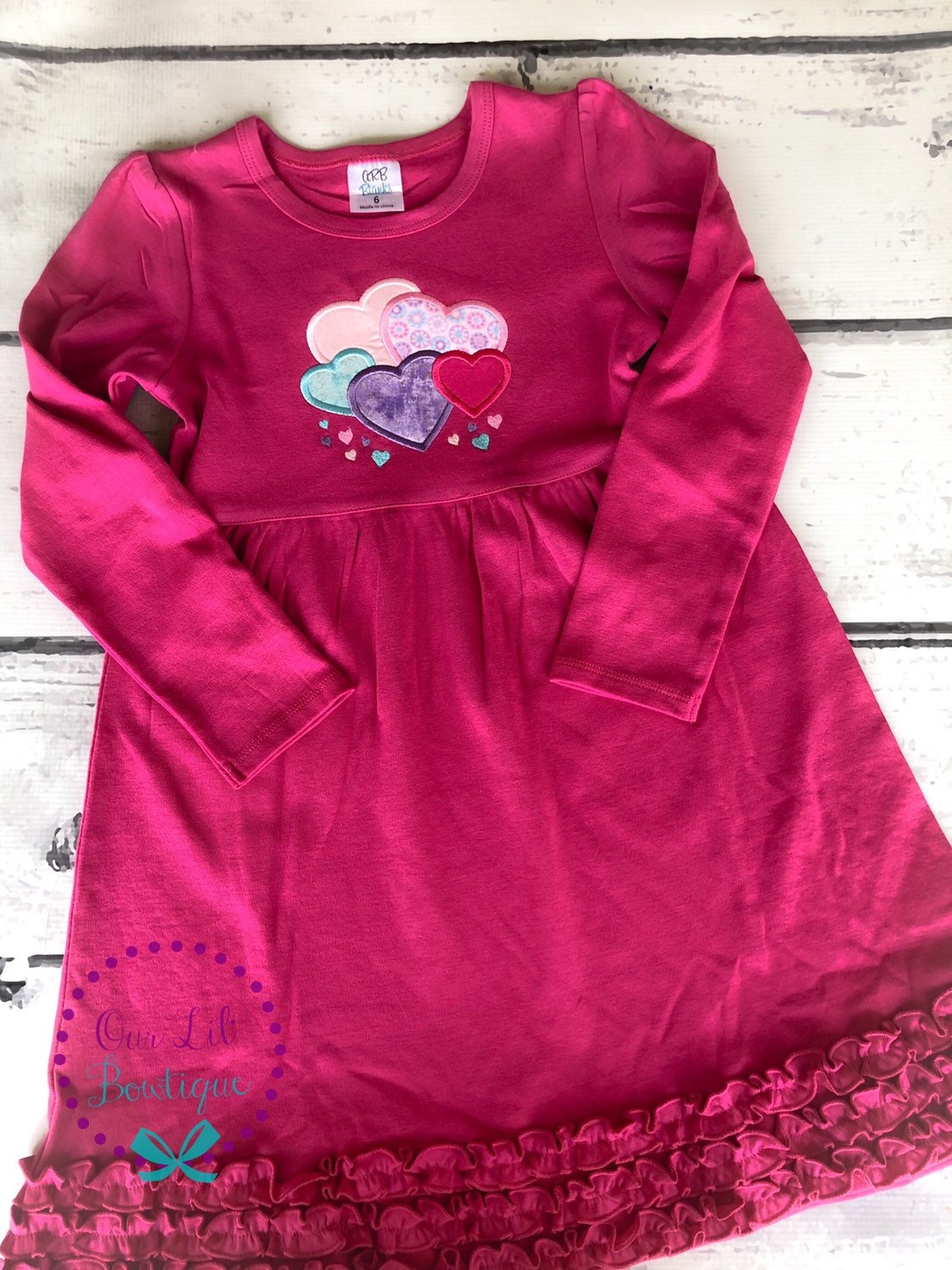 Valentine Heart Applique Dress: Girls Ruffle Sleeve Shirt