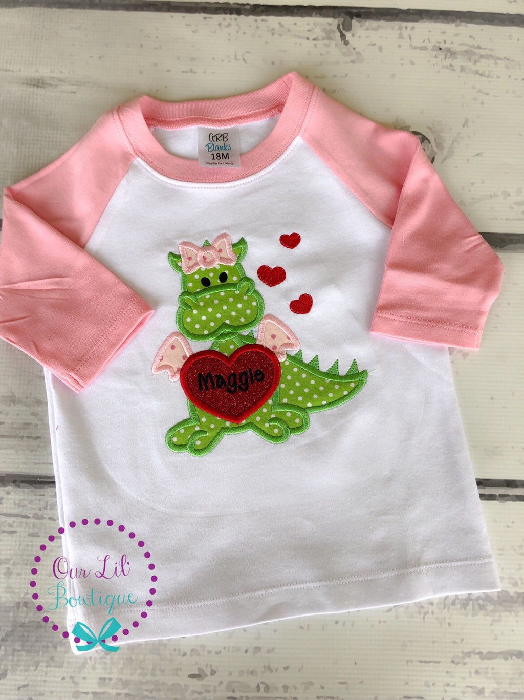 Personalized Valentine's Dragon Raglan Shirt - Girl Applique