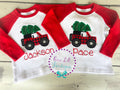 Personalized Christmas Truck Shirt: Boys Raglan Tee with Tree Applique