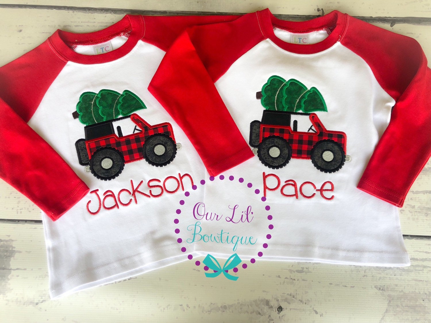 Personalized Christmas Truck Shirt: Boys Raglan Tee with Tree Applique