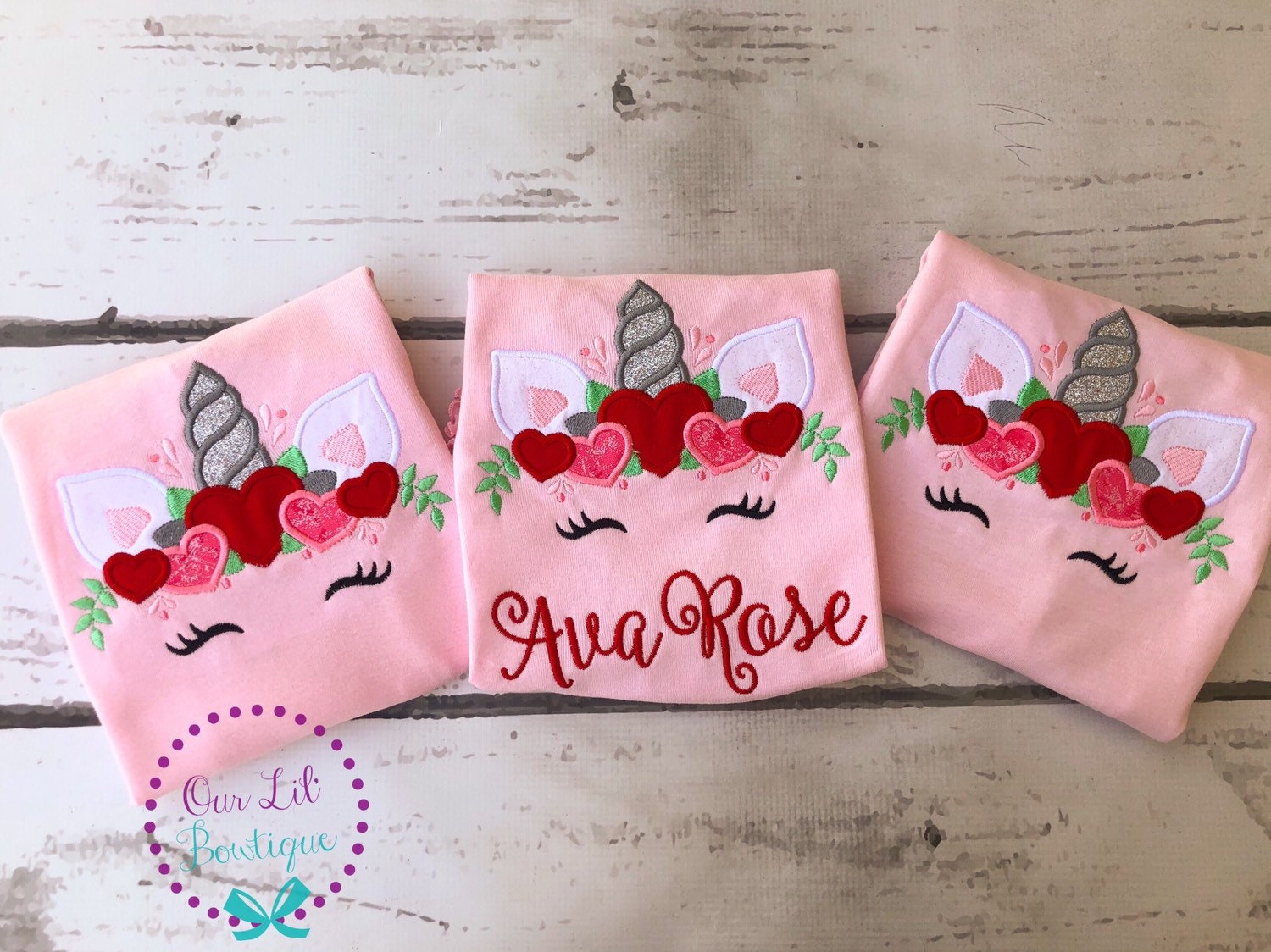 Valentine Unicorn Shirt: Personalized Hearts Appliqué