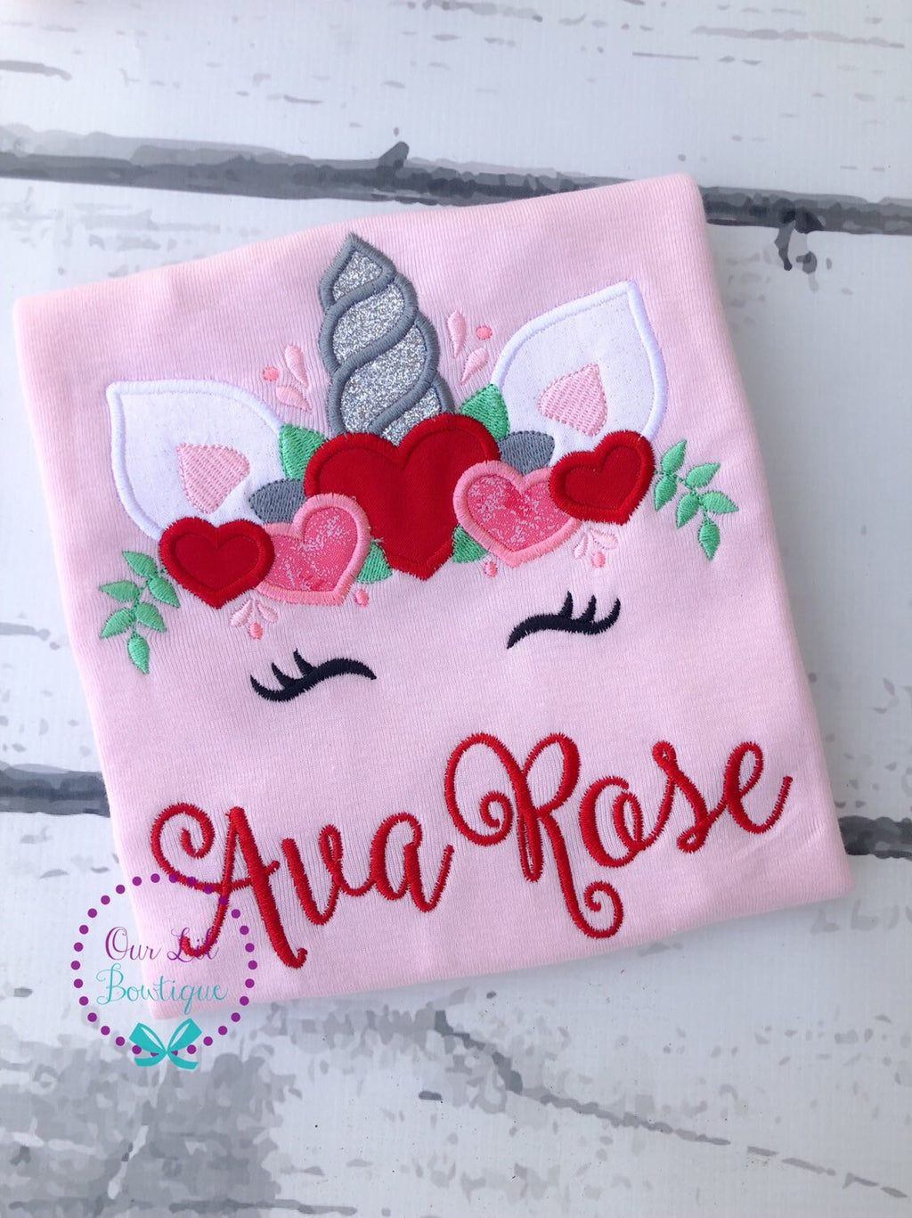 Valentine Unicorn Shirt: Personalized Hearts Appliqué