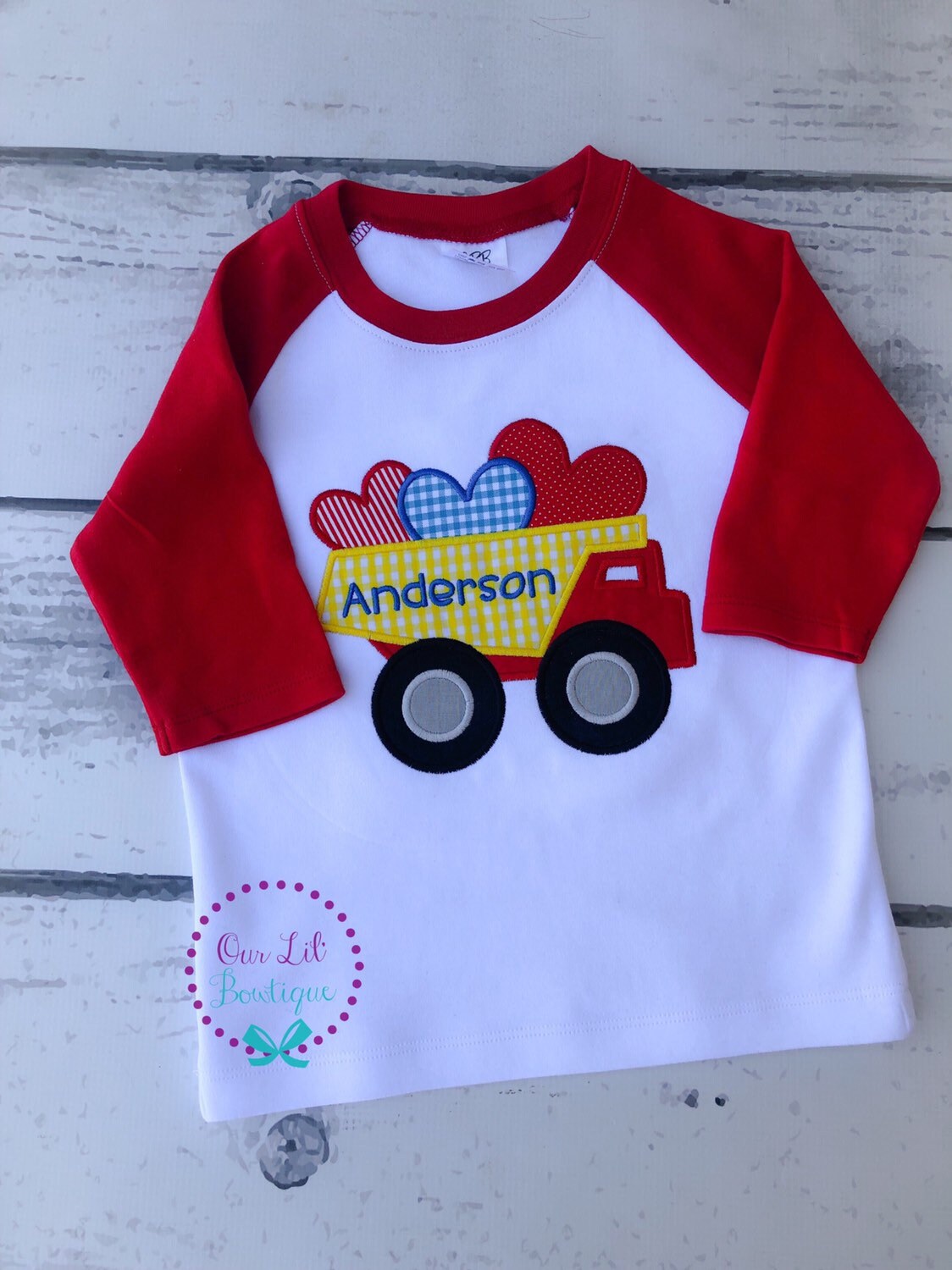 Valentine Dump Truck Raglan Shirt - Personalized Boy's Appliqué