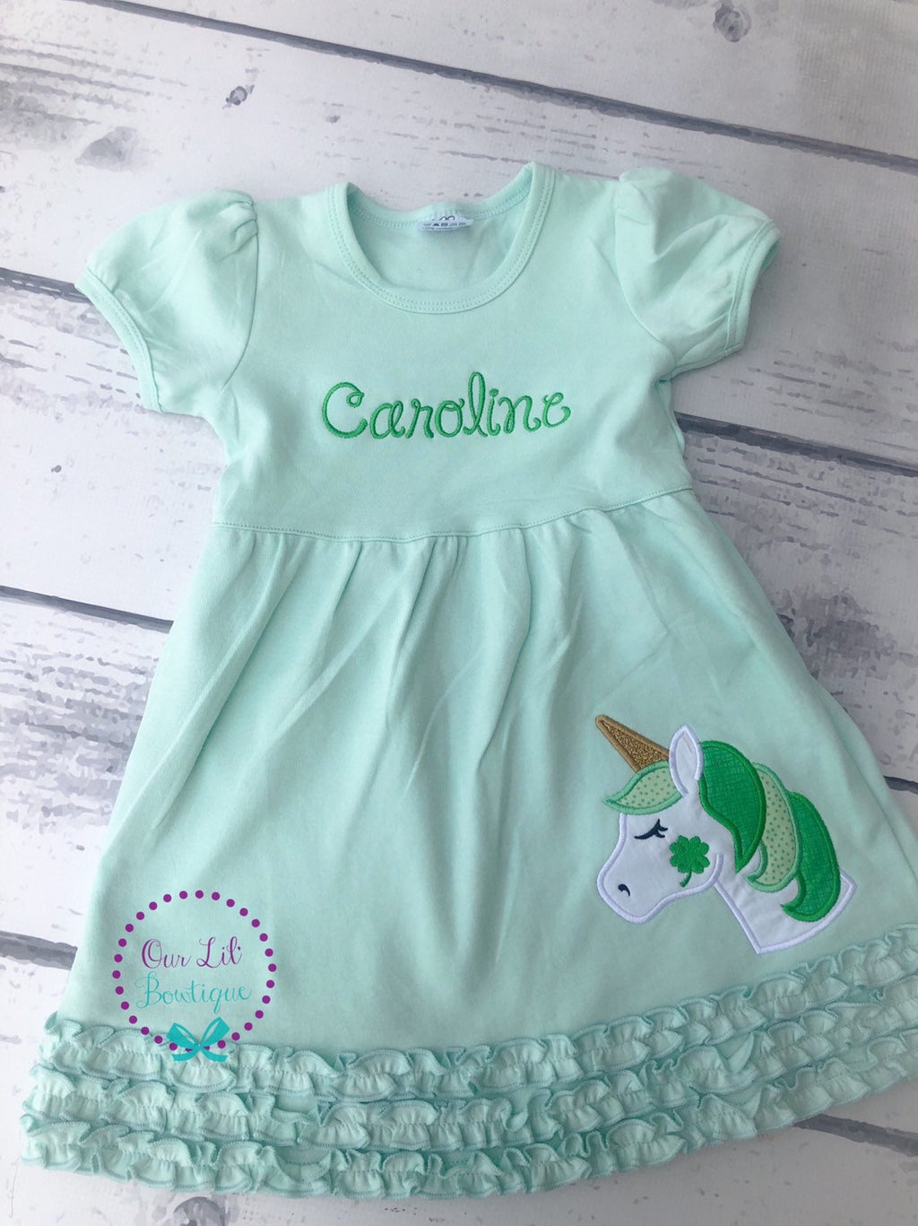 Girls St. Patrick's Day Dress: Unicorn Shamrock Applique, Monogram Option