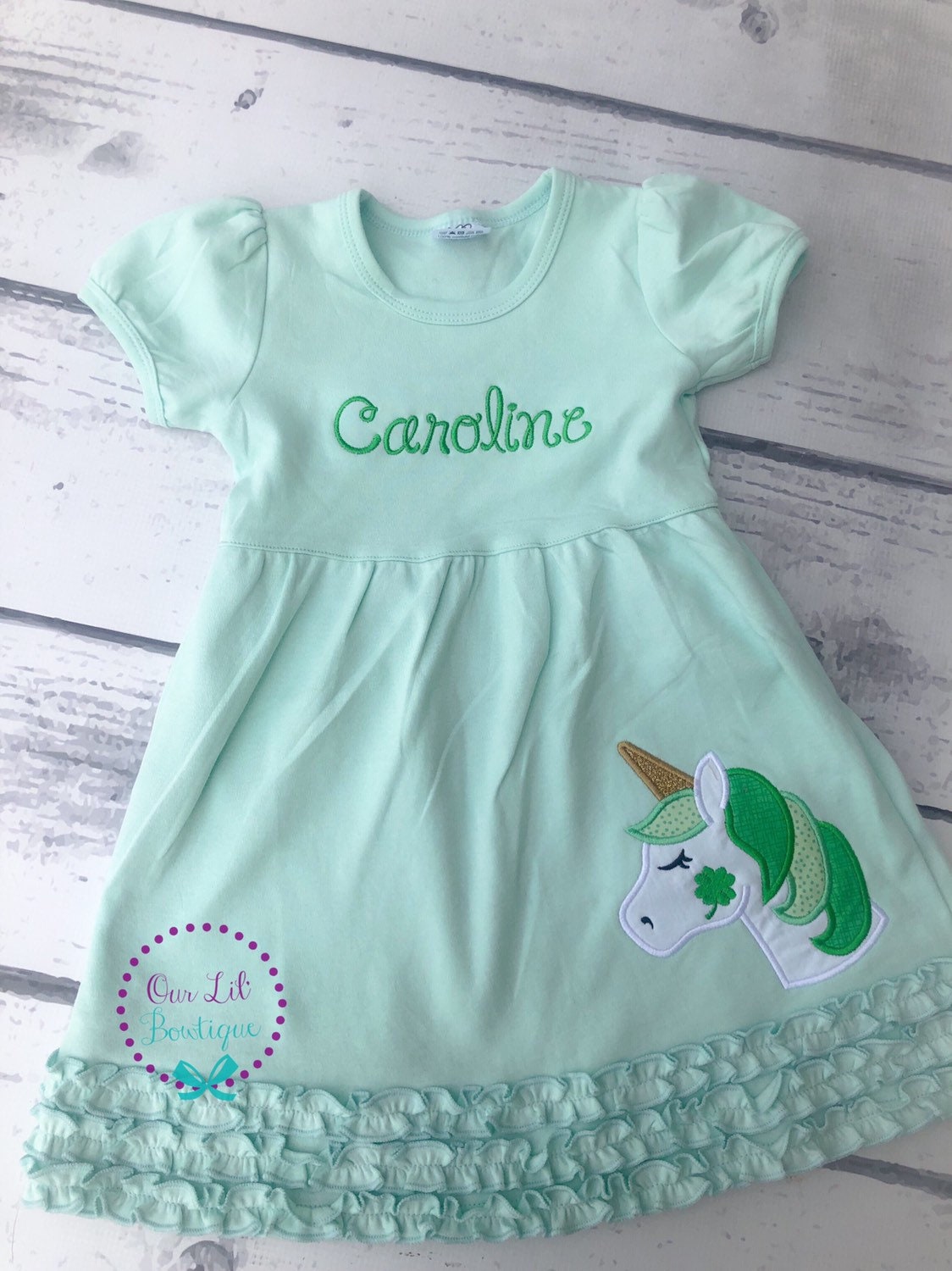 Girls St. Patrick's Day Dress: Unicorn Shamrock Applique, Monogram Option