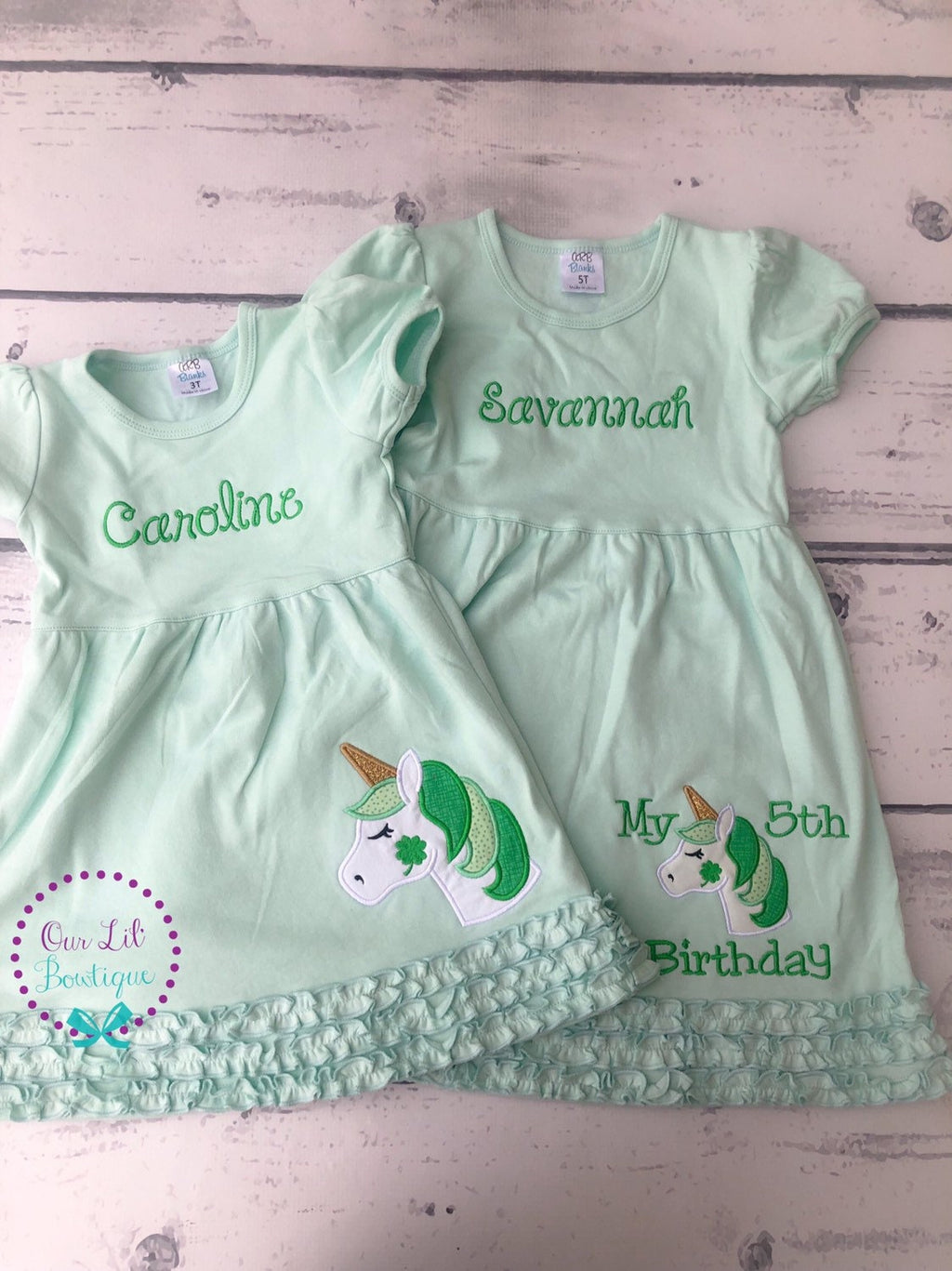Girls St. Patrick's Day Dress: Unicorn Shamrock Applique, Monogram Option