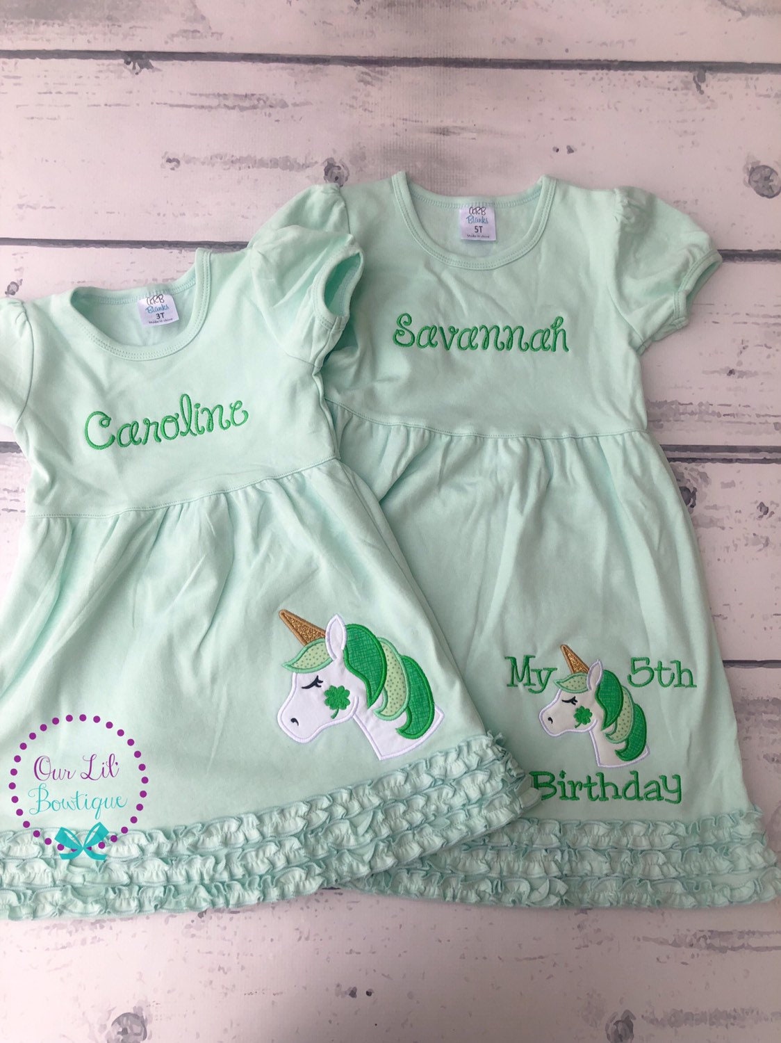 Girls St. Patrick's Day Dress: Unicorn Shamrock Applique, Monogram Option