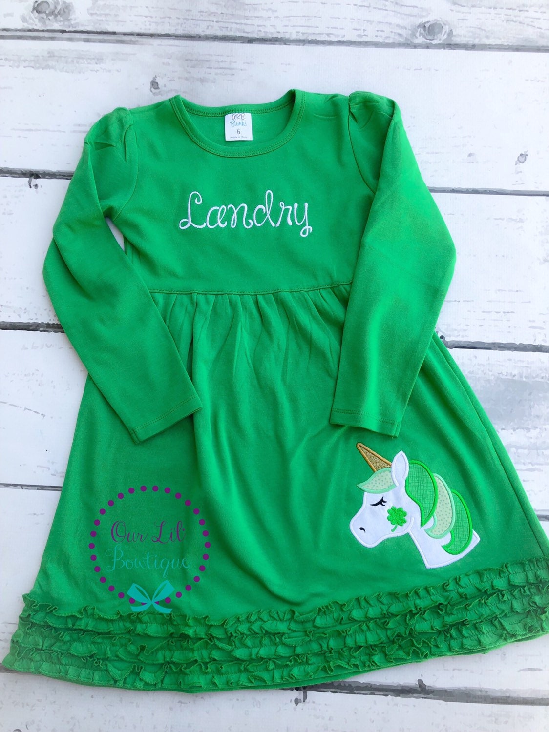 Girls St. Patrick's Day Dress: Unicorn Shamrock Applique, Monogram Option