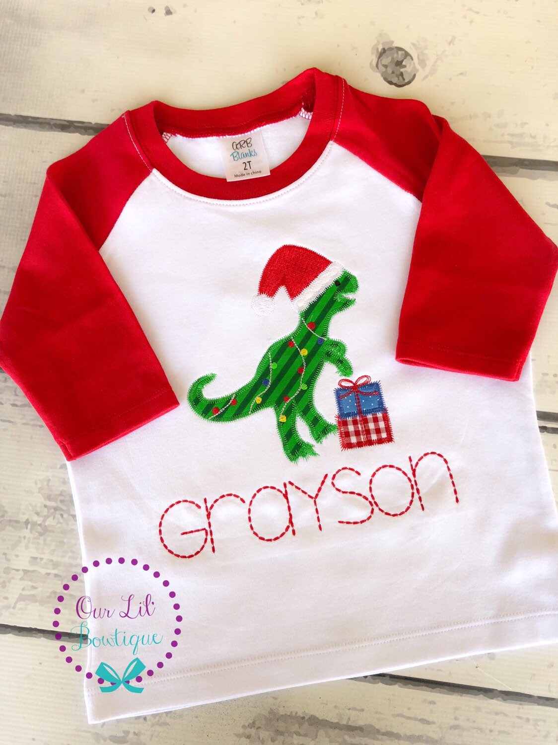 Christmas Dinosaur Appliqué Shirt - Personalized Holiday Tee