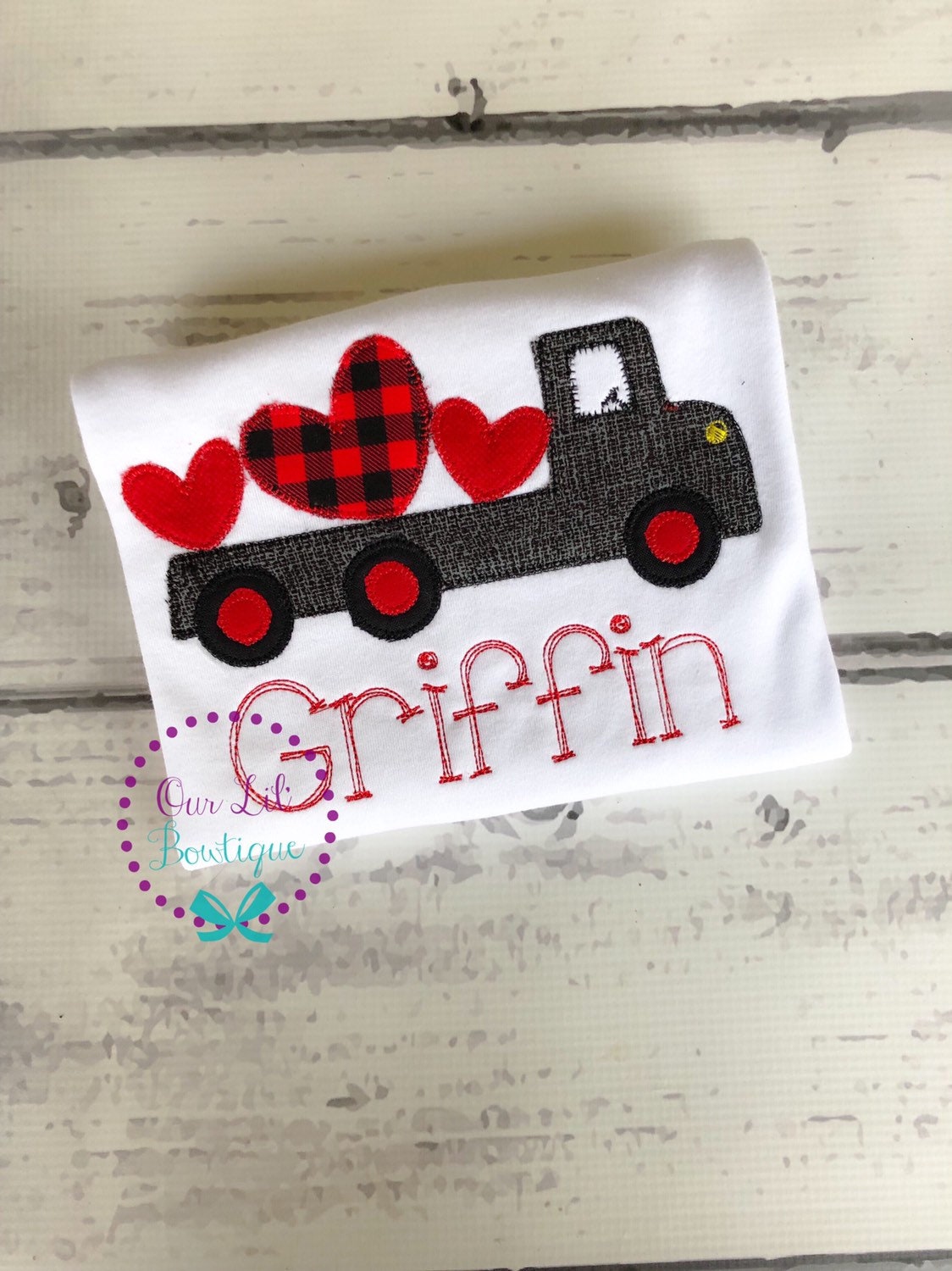 Personalized Valentine's Truck Shirt: Embroidered Heart Applique