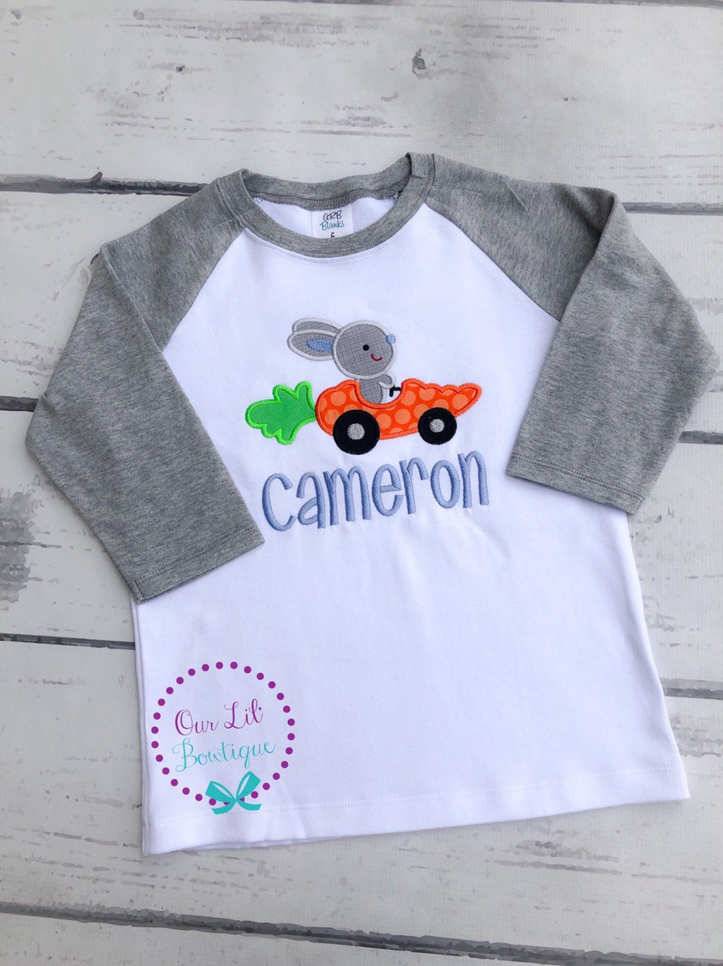 Personalized Easter Raglan Shirt: Bunny Carrot Car Appliqué