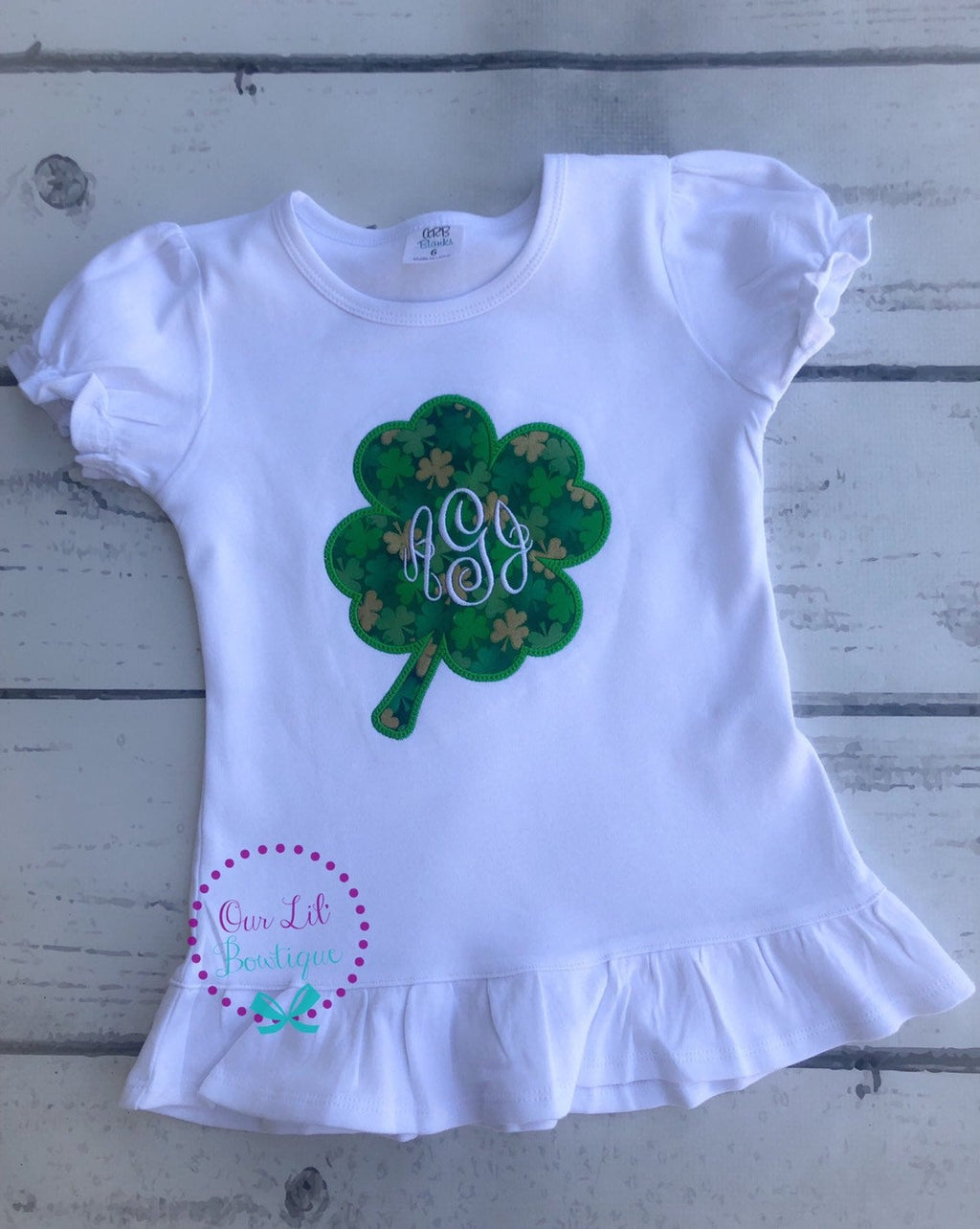 Girls St. Patrick's Day Dress: Four Leaf Clover Applique, Monogram Option
