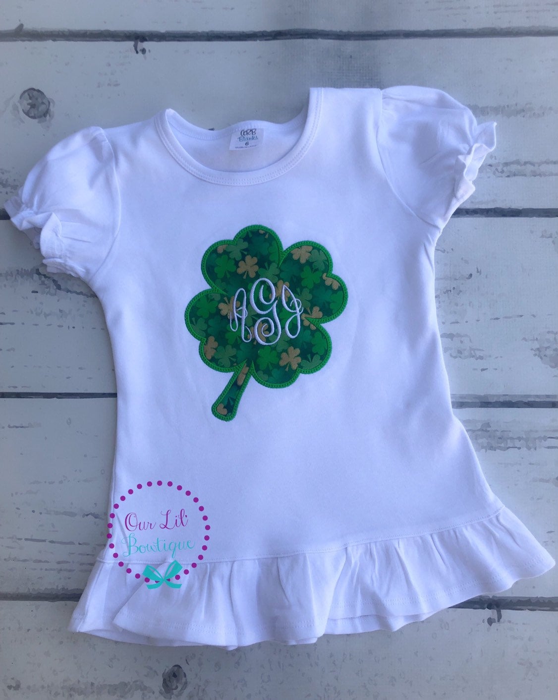 Girls St. Patrick's Day Dress: Four Leaf Clover Applique, Monogram Option