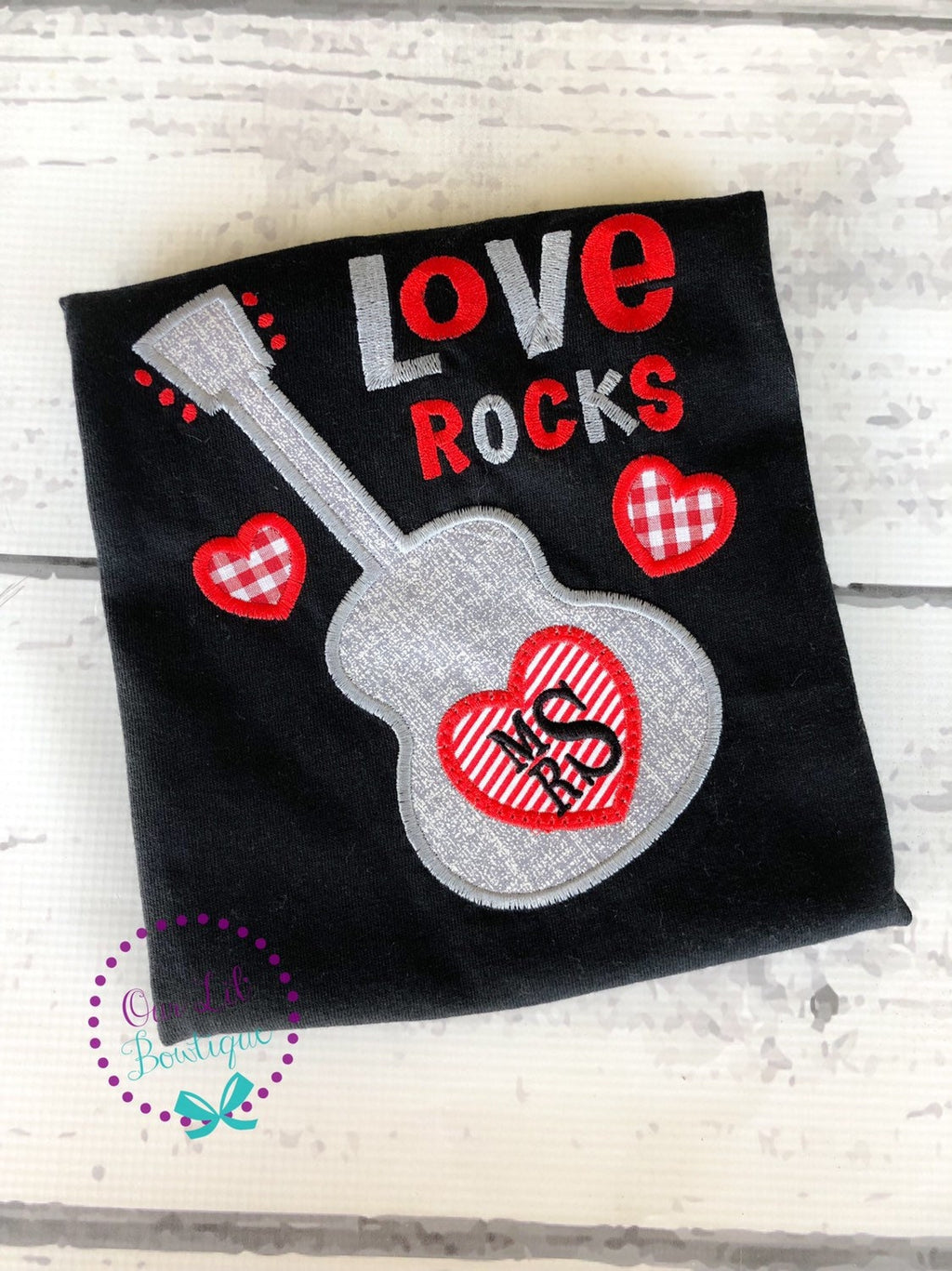 Valentine's Day Raglan Shirt: Love Rocks Guitar Appliqué, Personalized