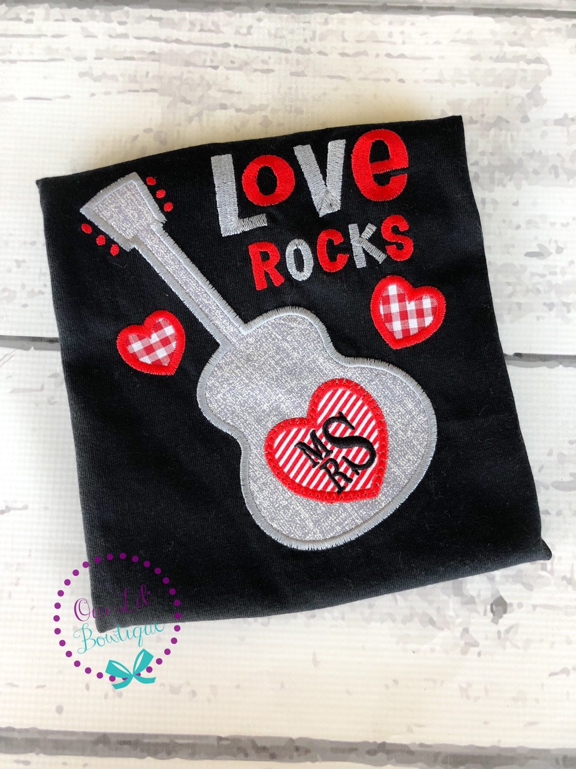 Valentine's Day Raglan Shirt: Love Rocks Guitar Appliqué, Personalized