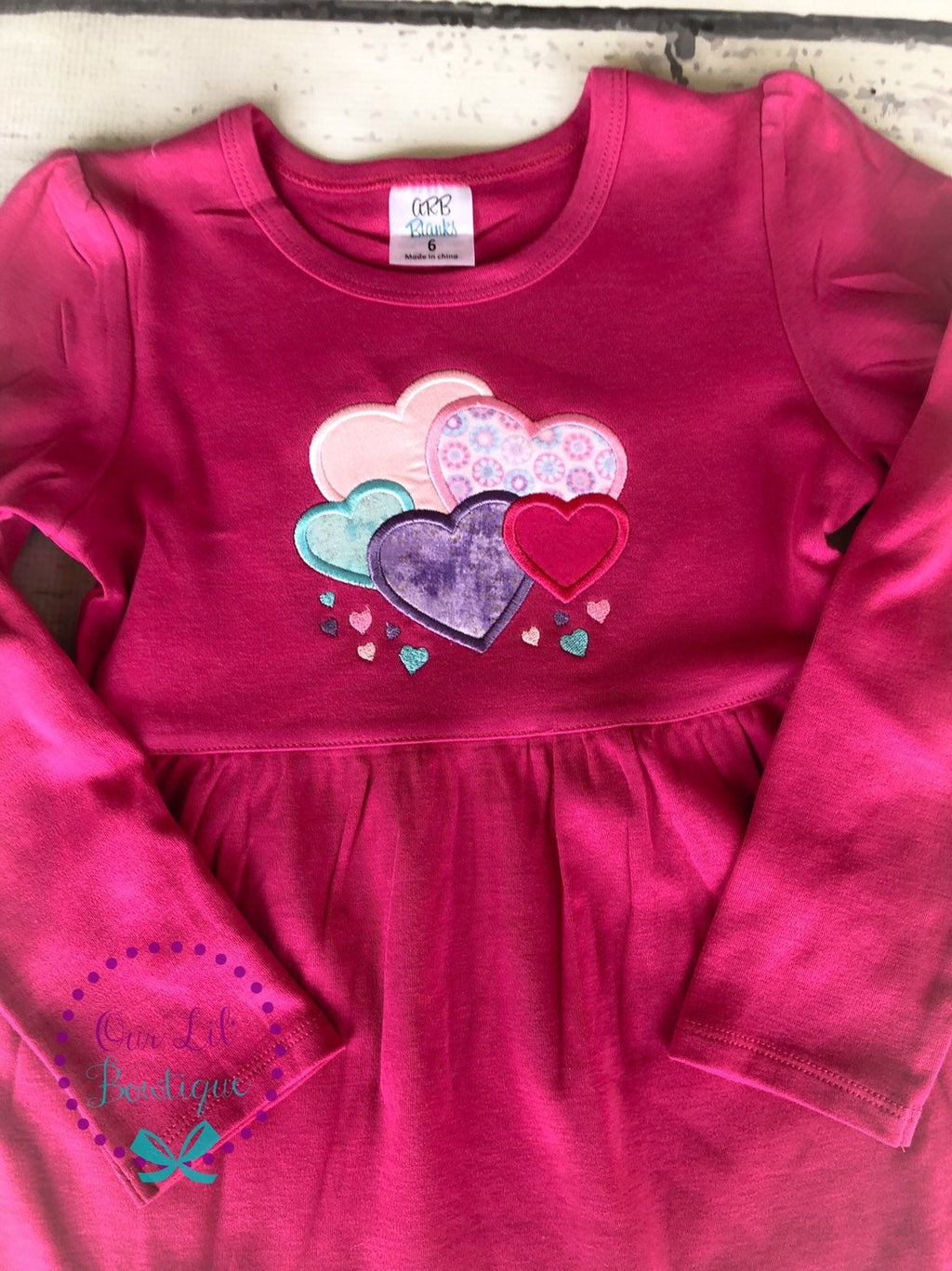 Valentine Heart Applique Dress: Girls Ruffle Sleeve Shirt