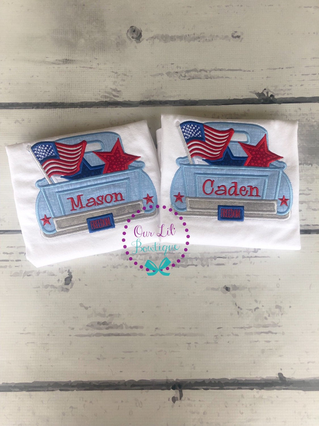 Personalized 4th of July Truck Shirt: Embroidered Patriotic Applique