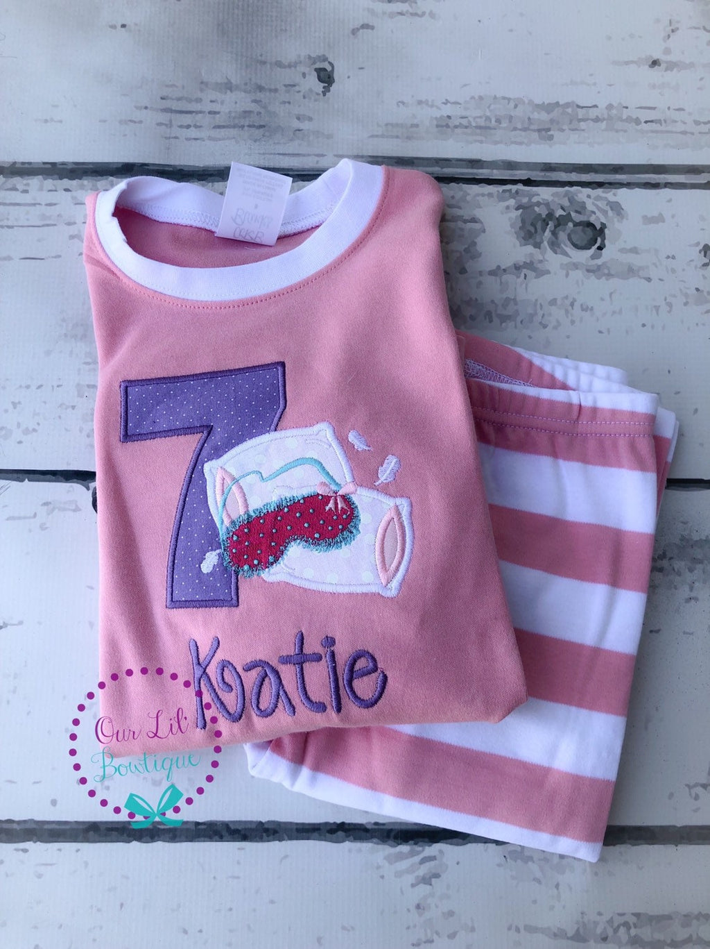 Personalized Sleepover Birthday Outfit: Appliqued Shirt & Striped Pants