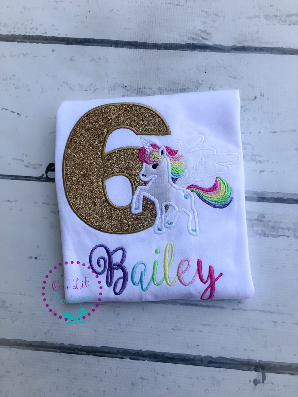 Personalized Unicorn Birthday Shirt: Gold Glitter Number, Rainbow Colors